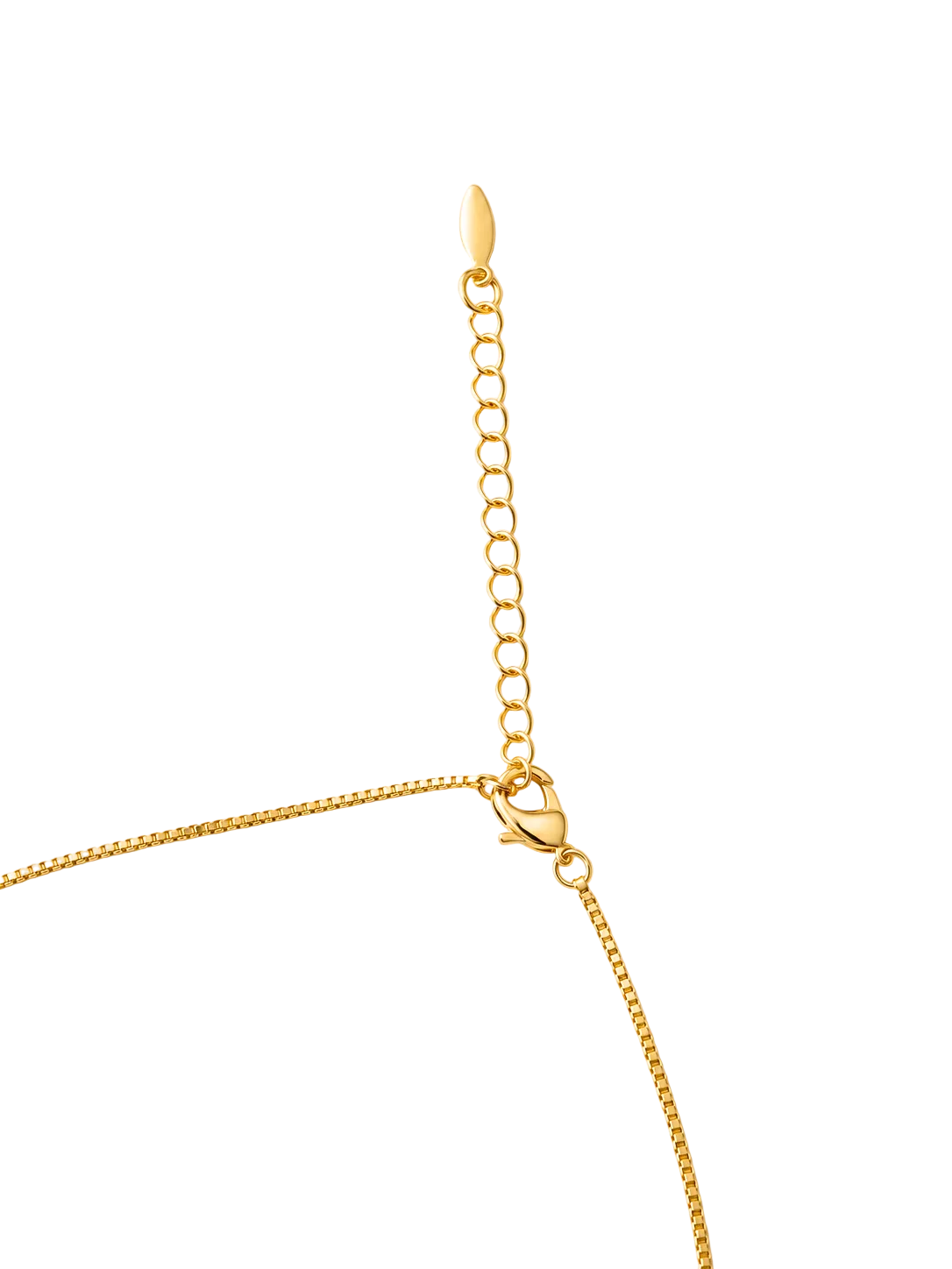 Close-up of a gold chain necklace showing the lobster clasp and extender chain on a light beige background.