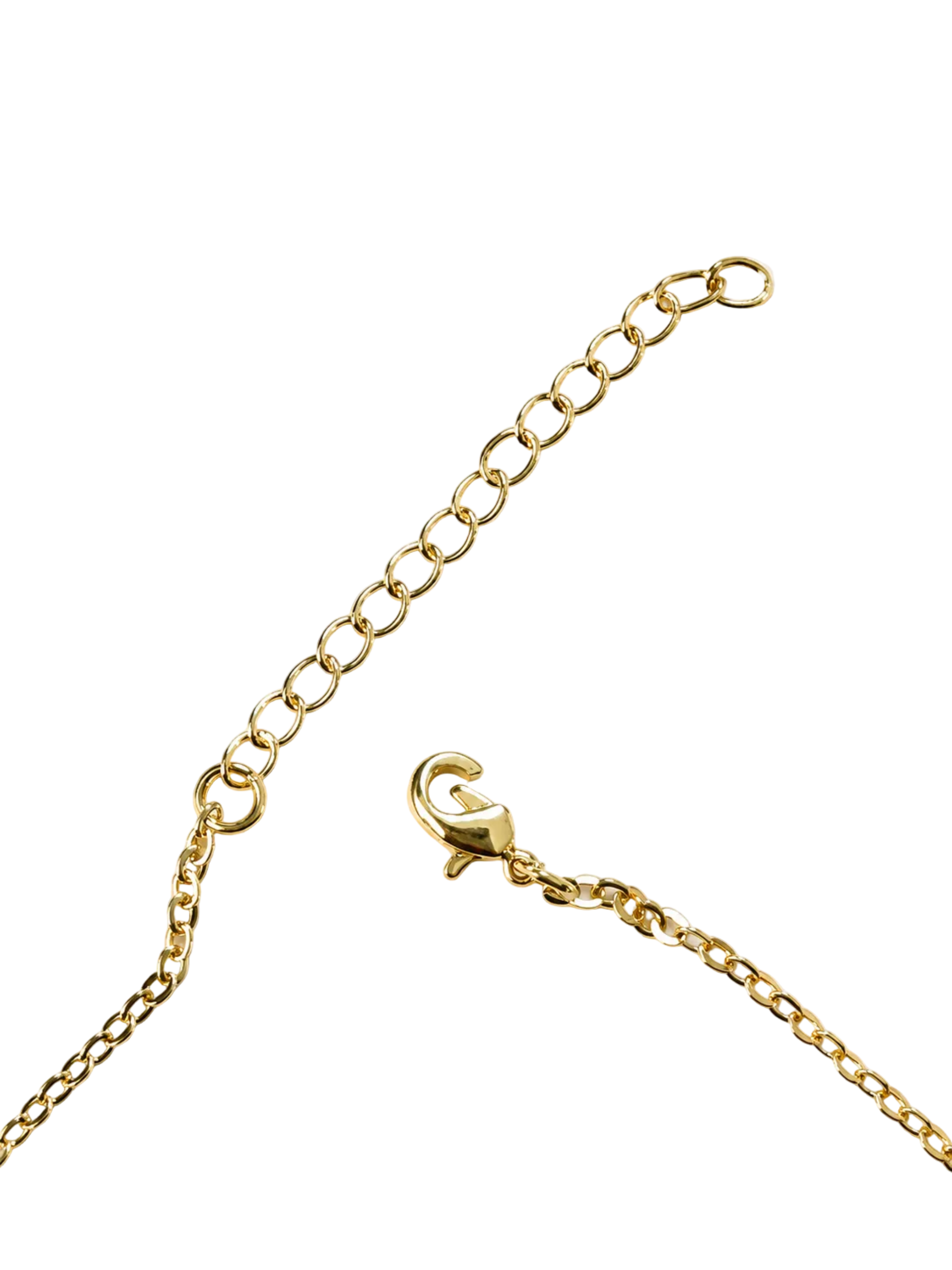 Gold chain necklace with a lobster clasp and adjustable extender link, shown on a plain off-white background.