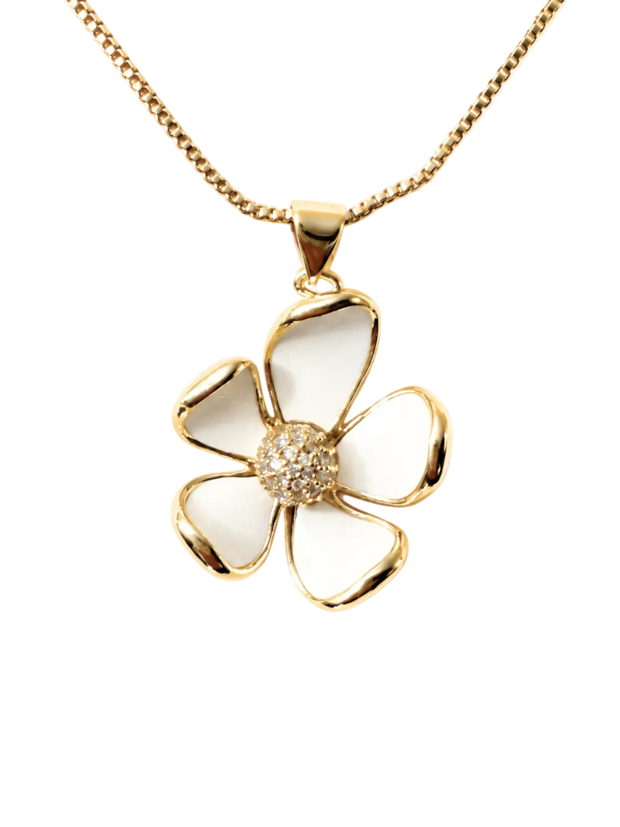 A gold flower pendant necklace with white enamel-like petal inlays and a sparkling crystal-encrusted center, shown on a clean white background.