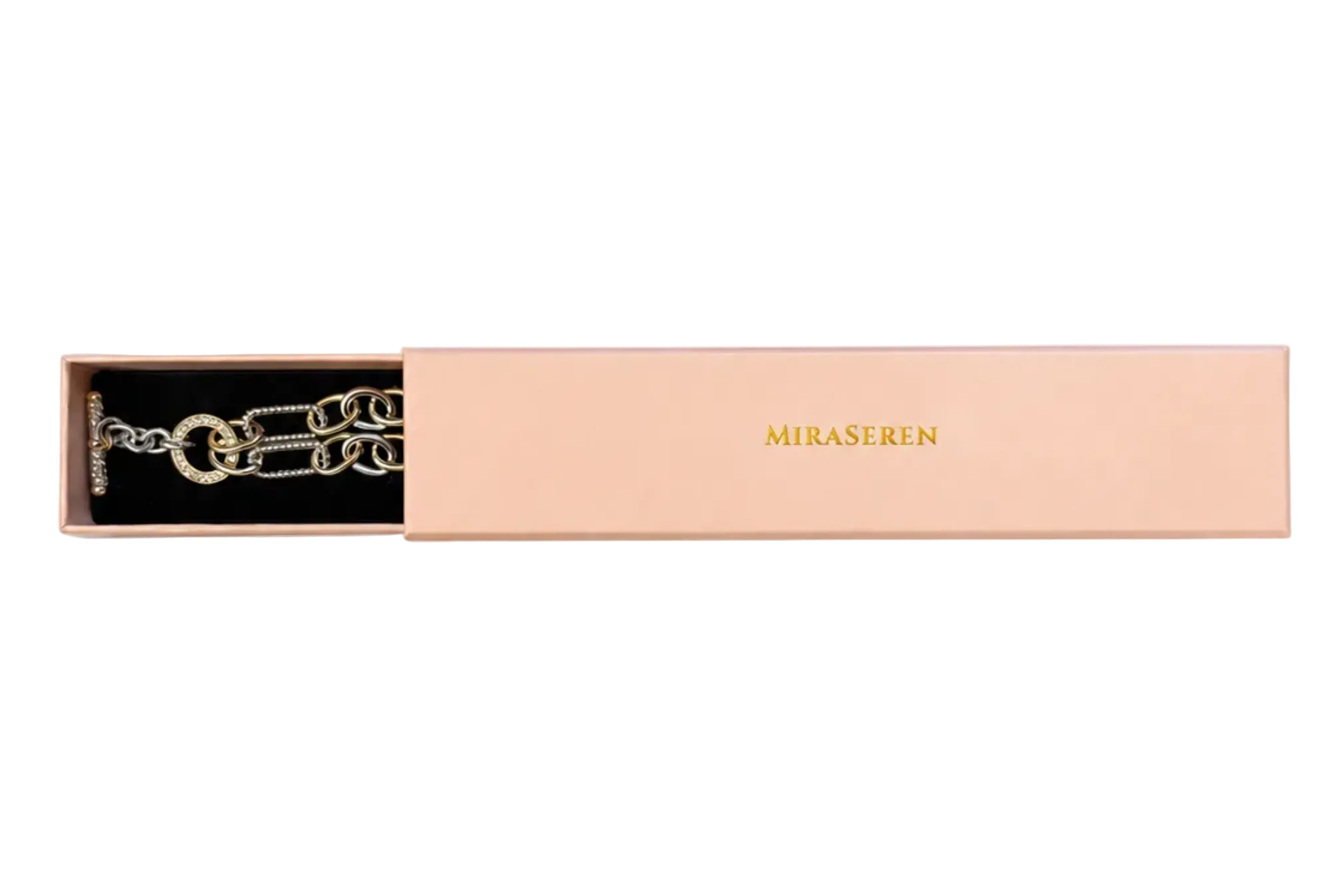 A silver-toned chain necklace with a circular interlocking link design, presented inside an open rectangular blush pink box with the brand name 'MIRASERIN' printed in gold on the side, set against a plain white background.