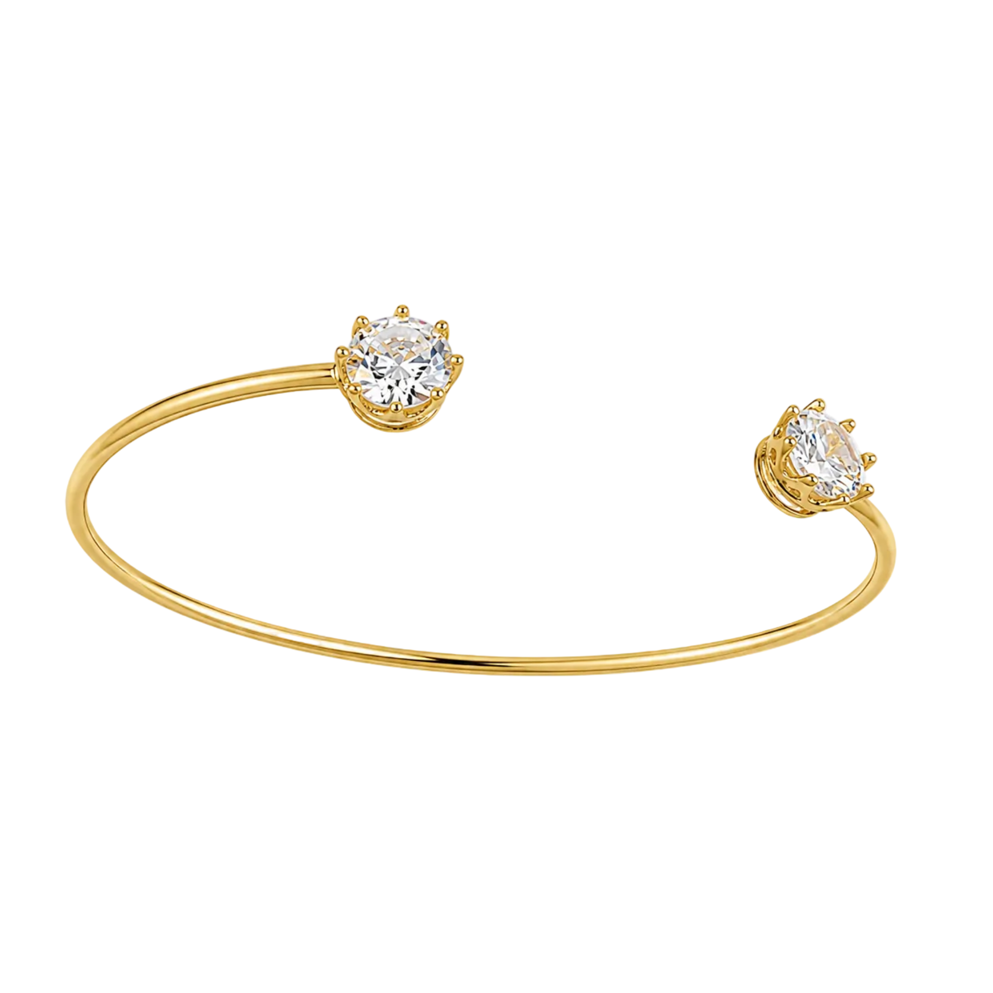 A gold open cuff bracelet featuring two round-cut clear gemstones in gold prong settings, shown on a plain white background.
