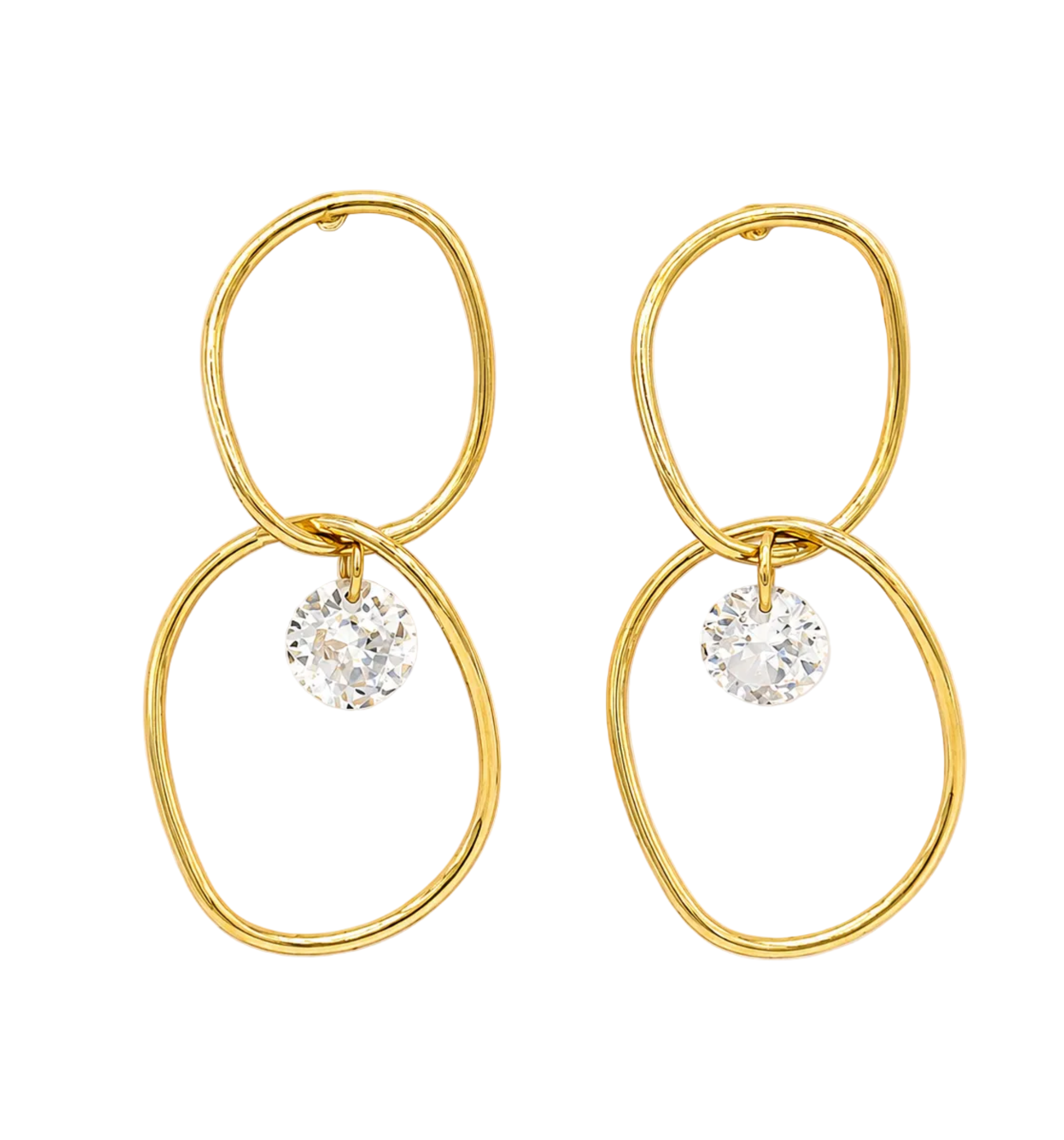 A pair of gold hoop drop earrings with a single clear round-cut gemstone at the center of each earring, displayed on a clean off-white background.