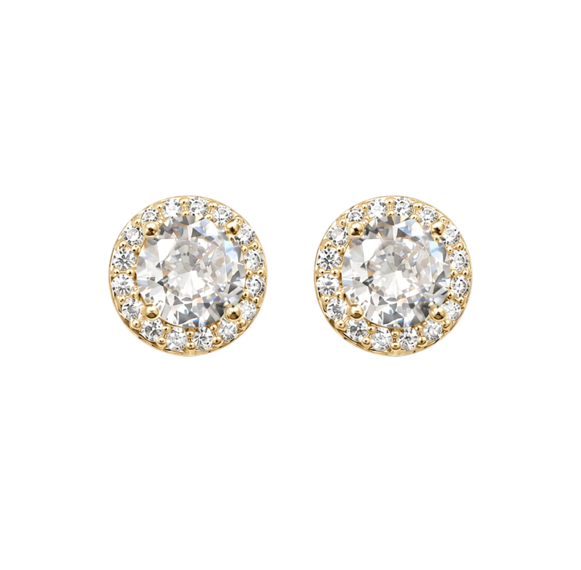 A pair of round halo stud earrings featuring clear round-cut center stones surrounded by a halo of smaller clear stones in yellow gold settings, presented on a solid white background.