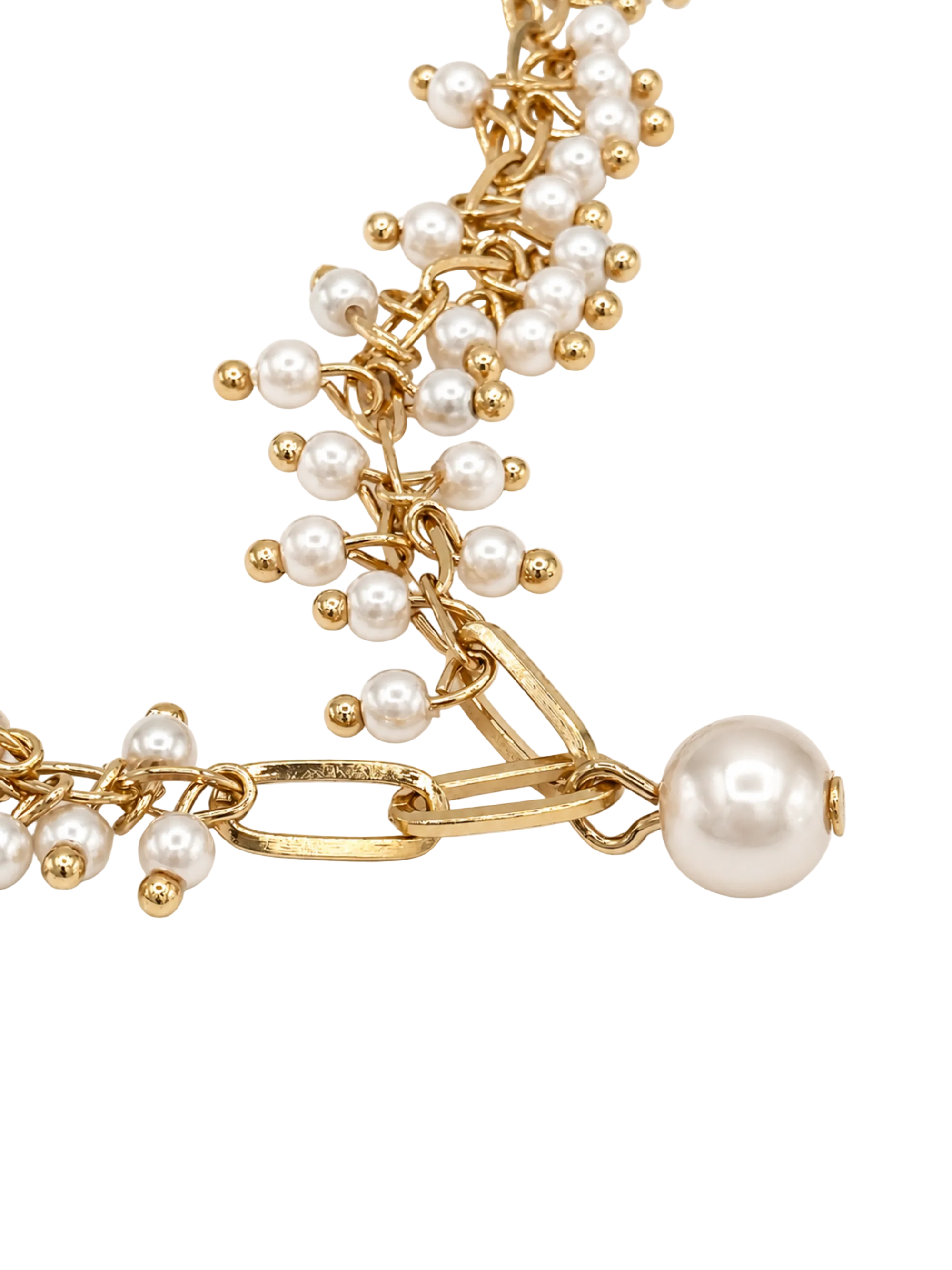 Gold chain necklace with clusters of white faux pearls and a large pearl pendant, shown on a clean white background.