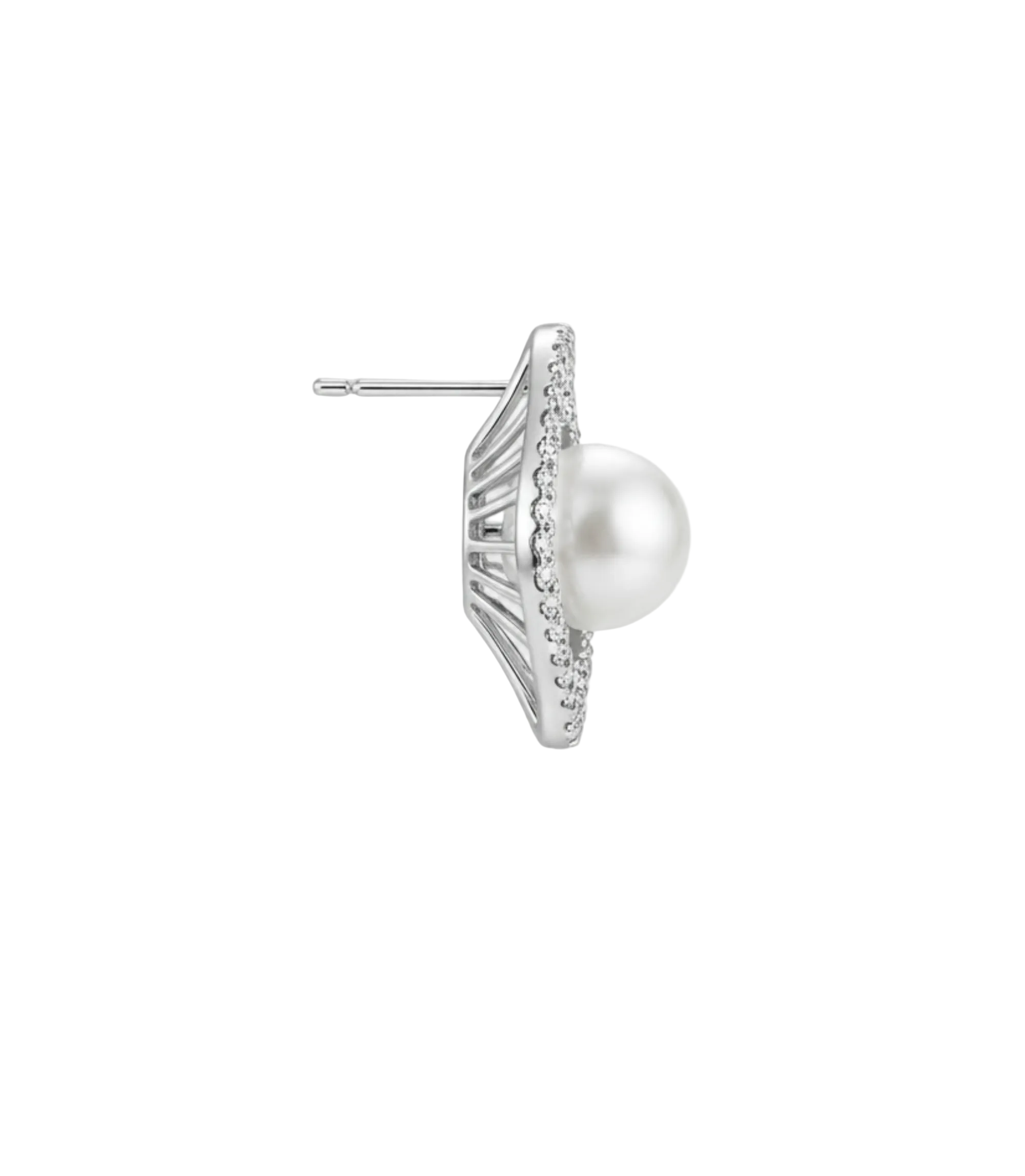 A single silver-toned stud earring featuring a round white pearl surrounded by small clear stones, shown against a light gray background.