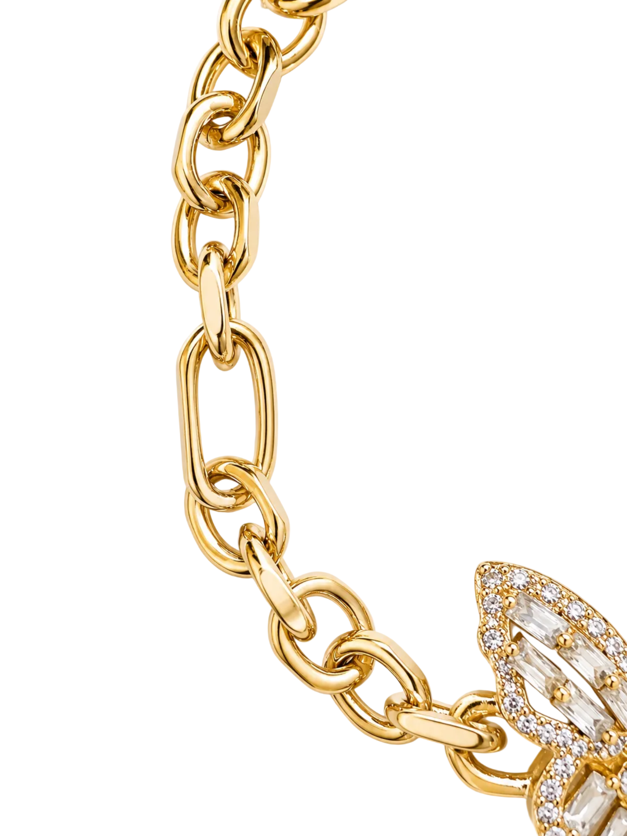 Close-up of a gold chain bracelet with a pavé-set clear crystal butterfly charm on a white background.