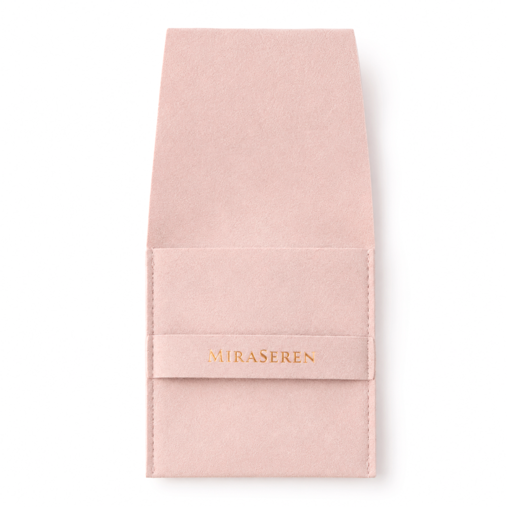 A light pink suede pouch with a gold-embossed 'MIRASEREN' logo on a white background.