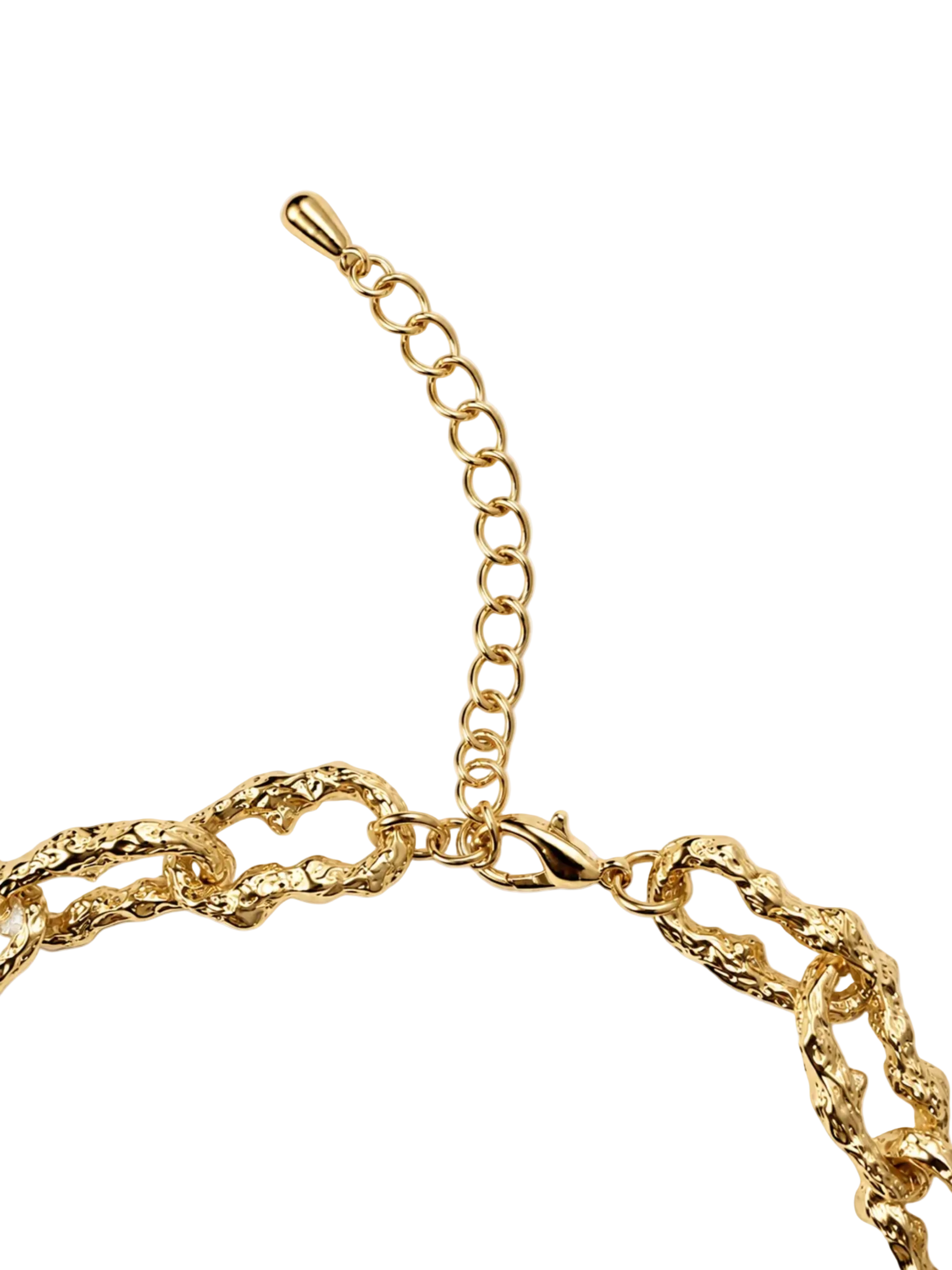 Close-up of a gold chain necklace showing a textured curb chain section, a lobster clasp, and an adjustable link extender on a white background.