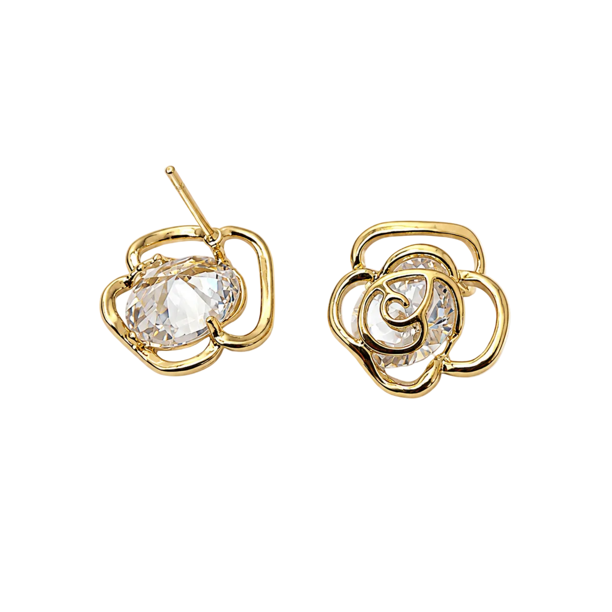 A pair of gold rose-shaped stud earrings with clear teardrop-cut crystals, shown on a clean white background.