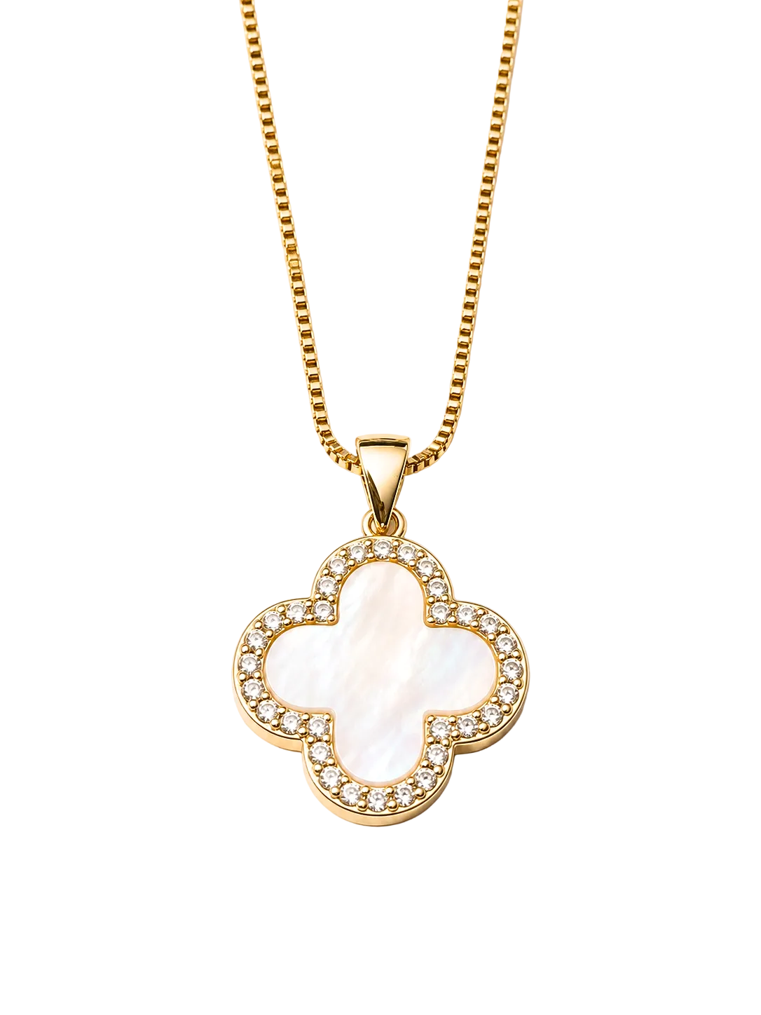 A gold-tone necklace with a clover-shaped pendant featuring a white mother-of-pearl center and a border of small clear crystals, shown on a light beige background.
