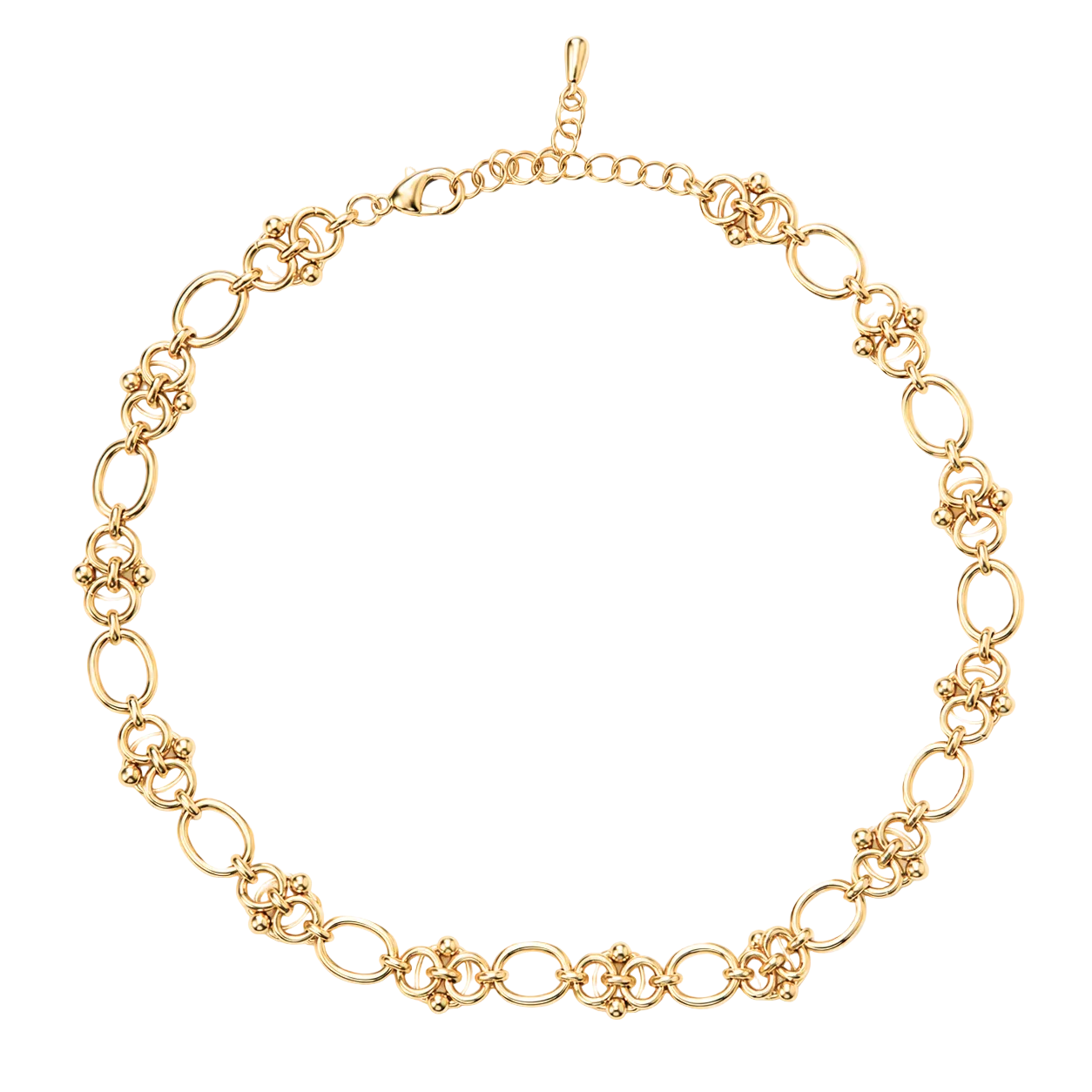 A gold-toned metal link necklace featuring alternating elongated oval links and smaller floral cluster links, displayed on a clean white background.
