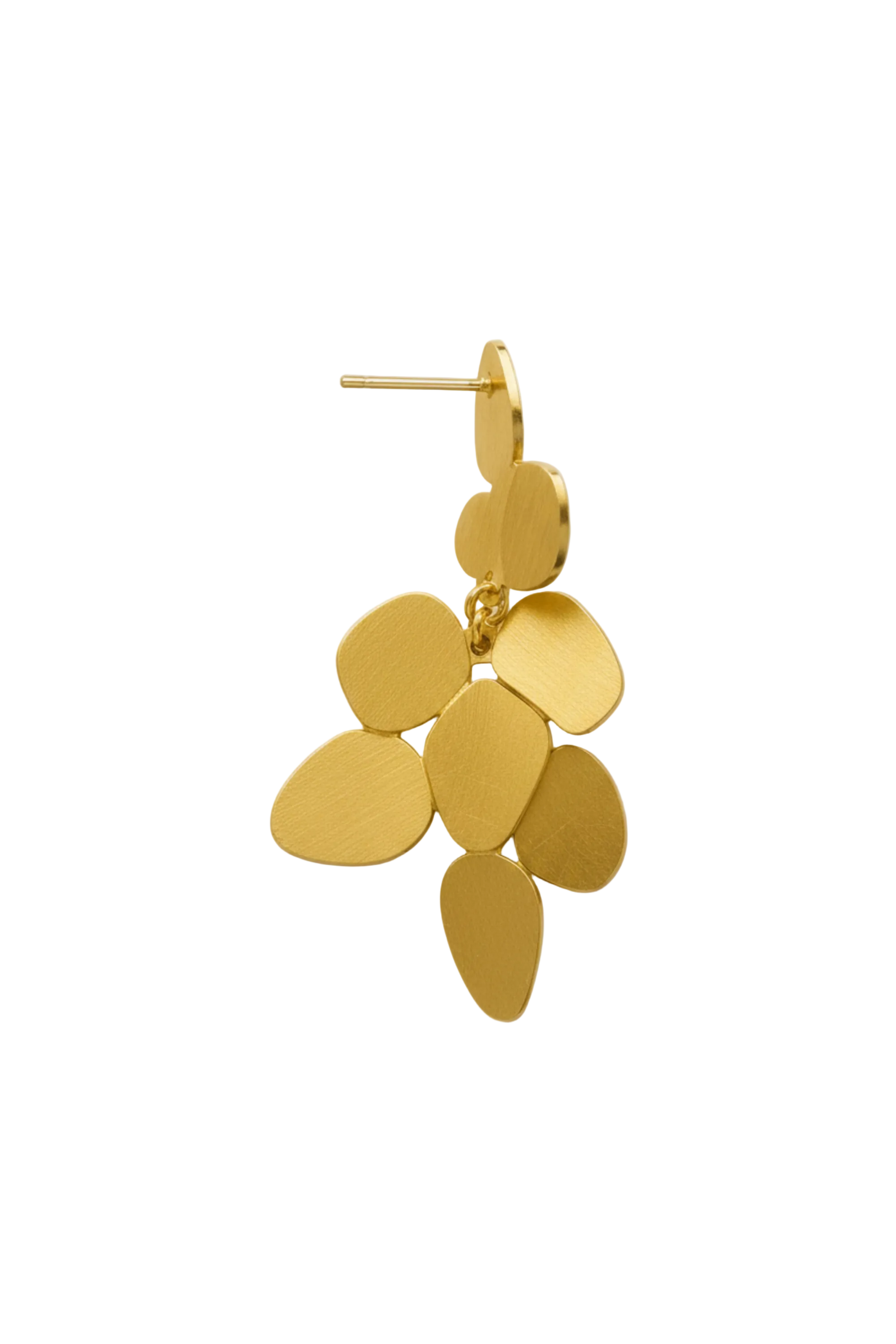 A single gold dangle earring with a cluster of organic, petal-like disc shapes hanging from a post, shown on a plain light background.