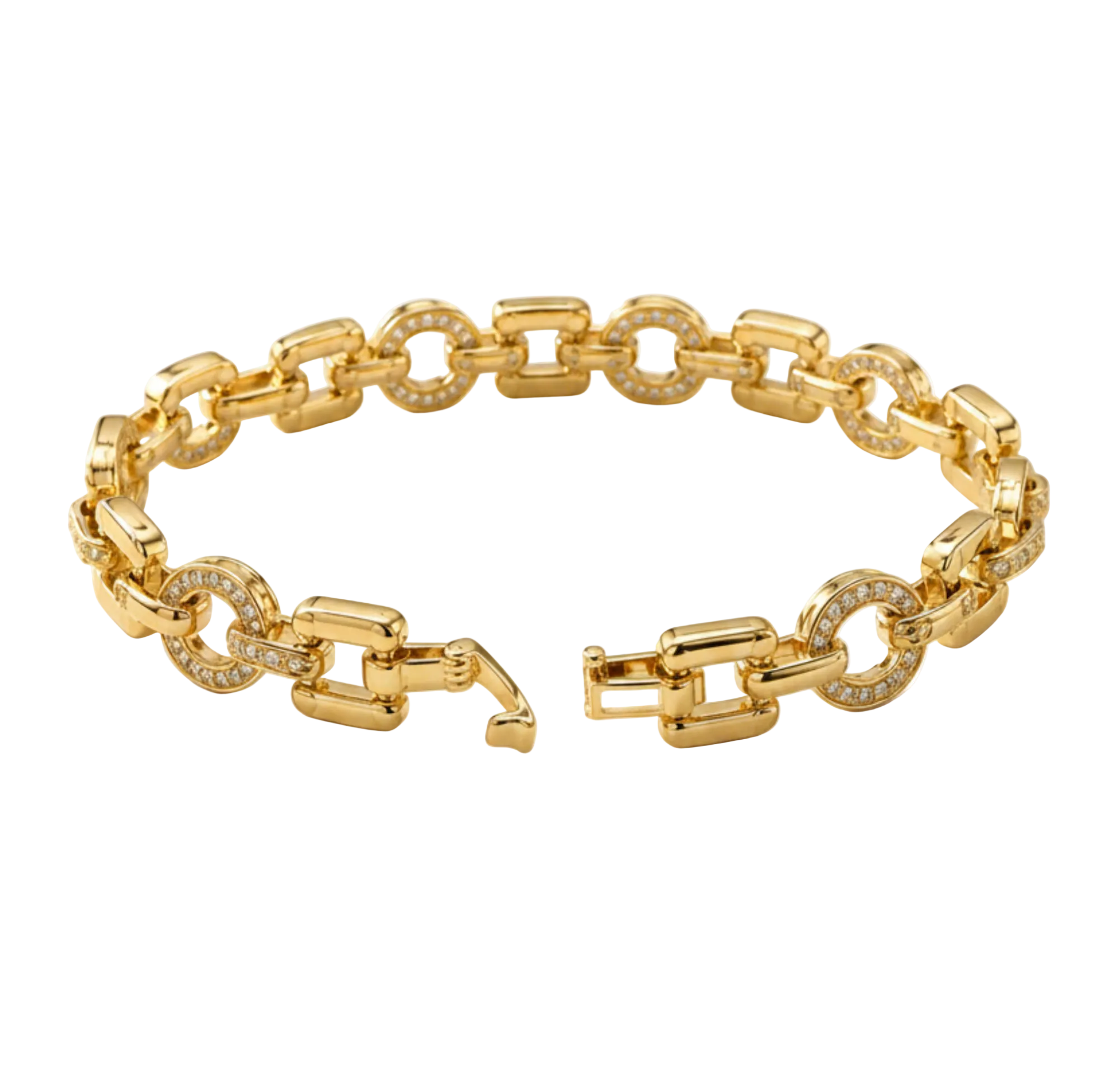 A gold link bracelet with alternating polished rectangular links and oval links set with small clear stones, displayed on a clean white background.
