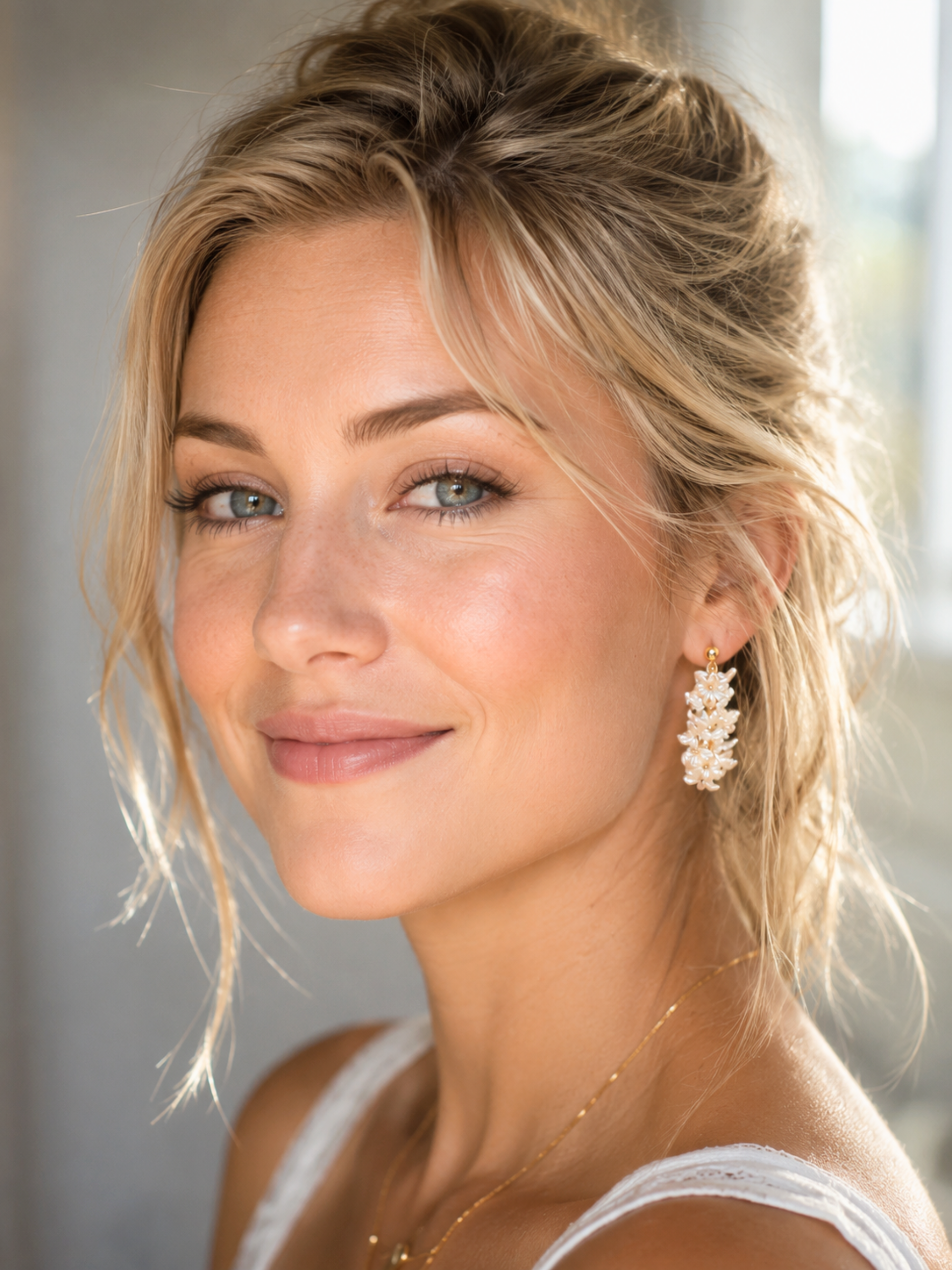 A close-up portrait of a smiling blonde woman wearing a dangling floral cluster earring with white stones and gold-toned metal, along with a delicate gold necklace.