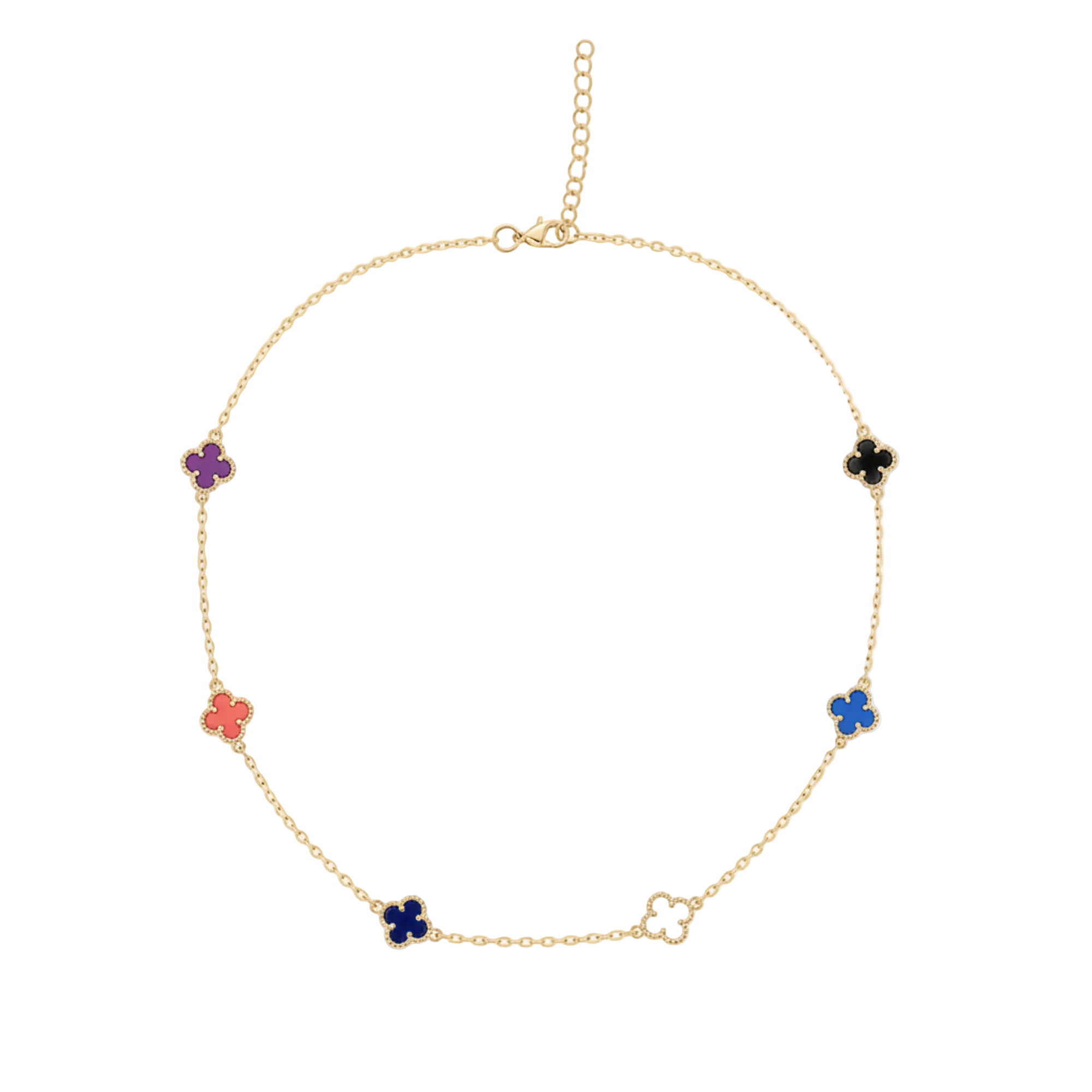 A gold chain necklace featuring five small clover-shaped charms in purple, pink, blue, black, and white enamel, displayed on a clean white background.