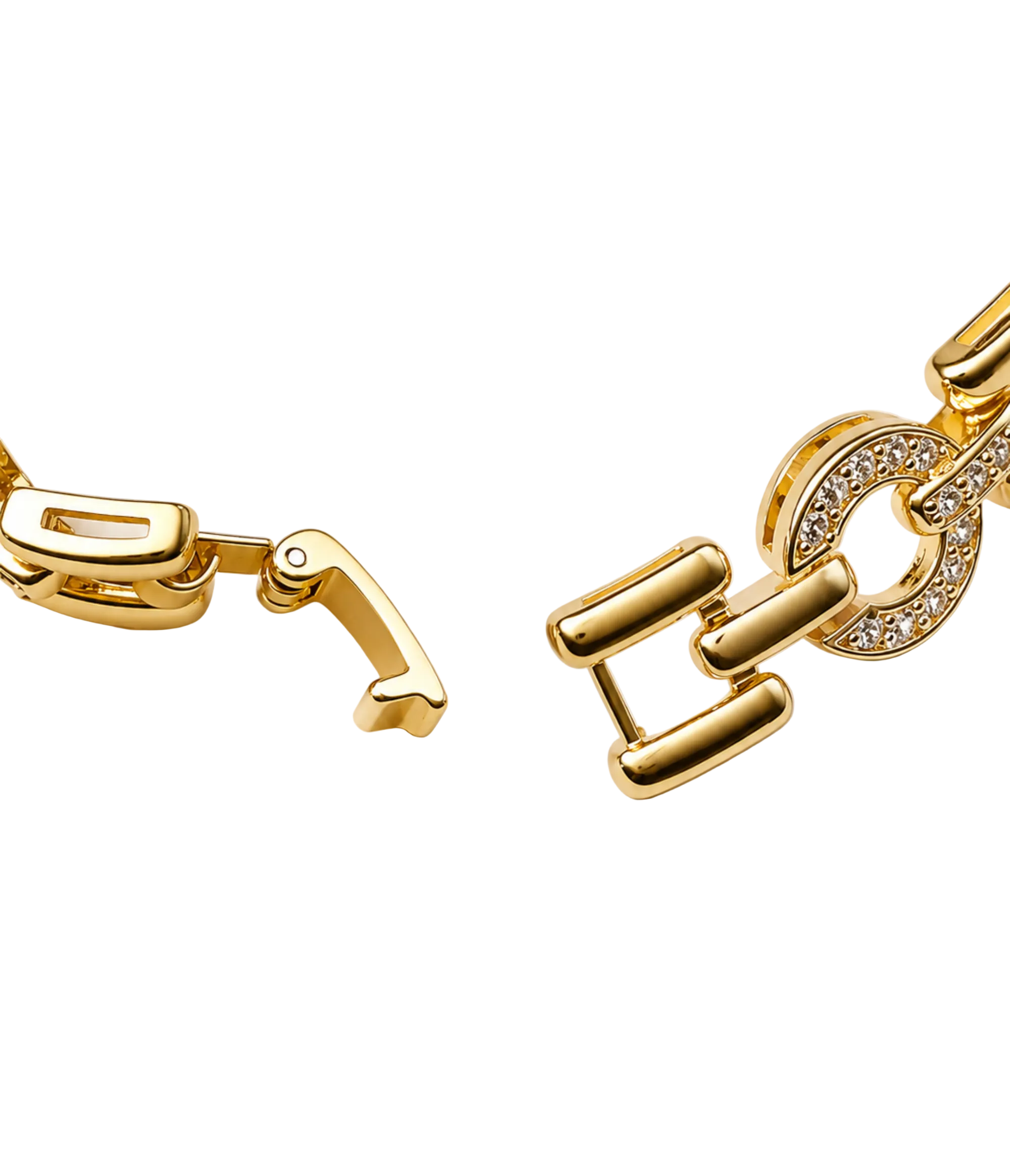Gold-tone chain link bracelet featuring a distinctive double-bar link design and a circular link paved with small clear crystals, shown on a light cream background.