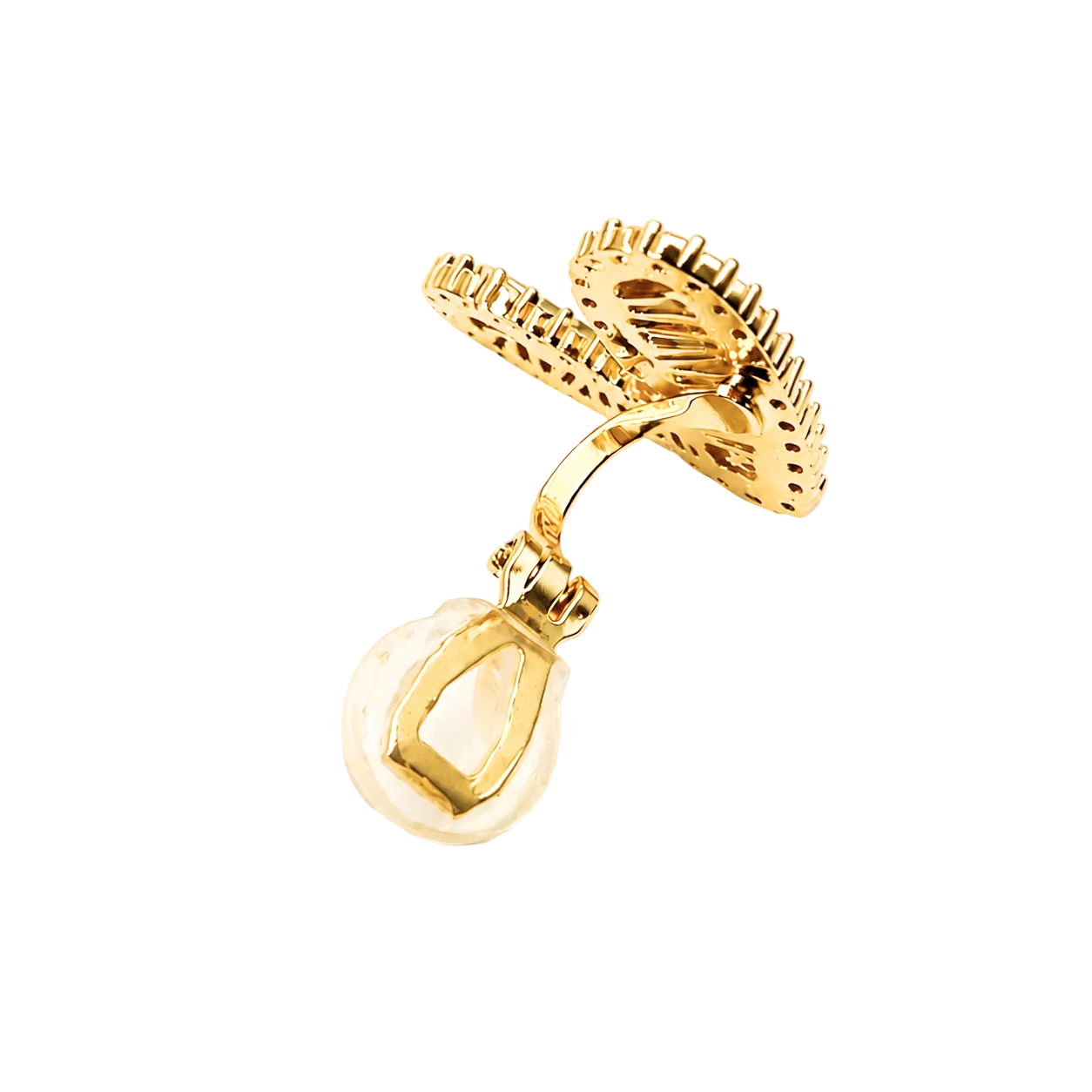 A gold-tone cufflink with a textured, scalloped heart-shaped face and a clear faceted teardrop crystal pendant, shown on a plain white background.