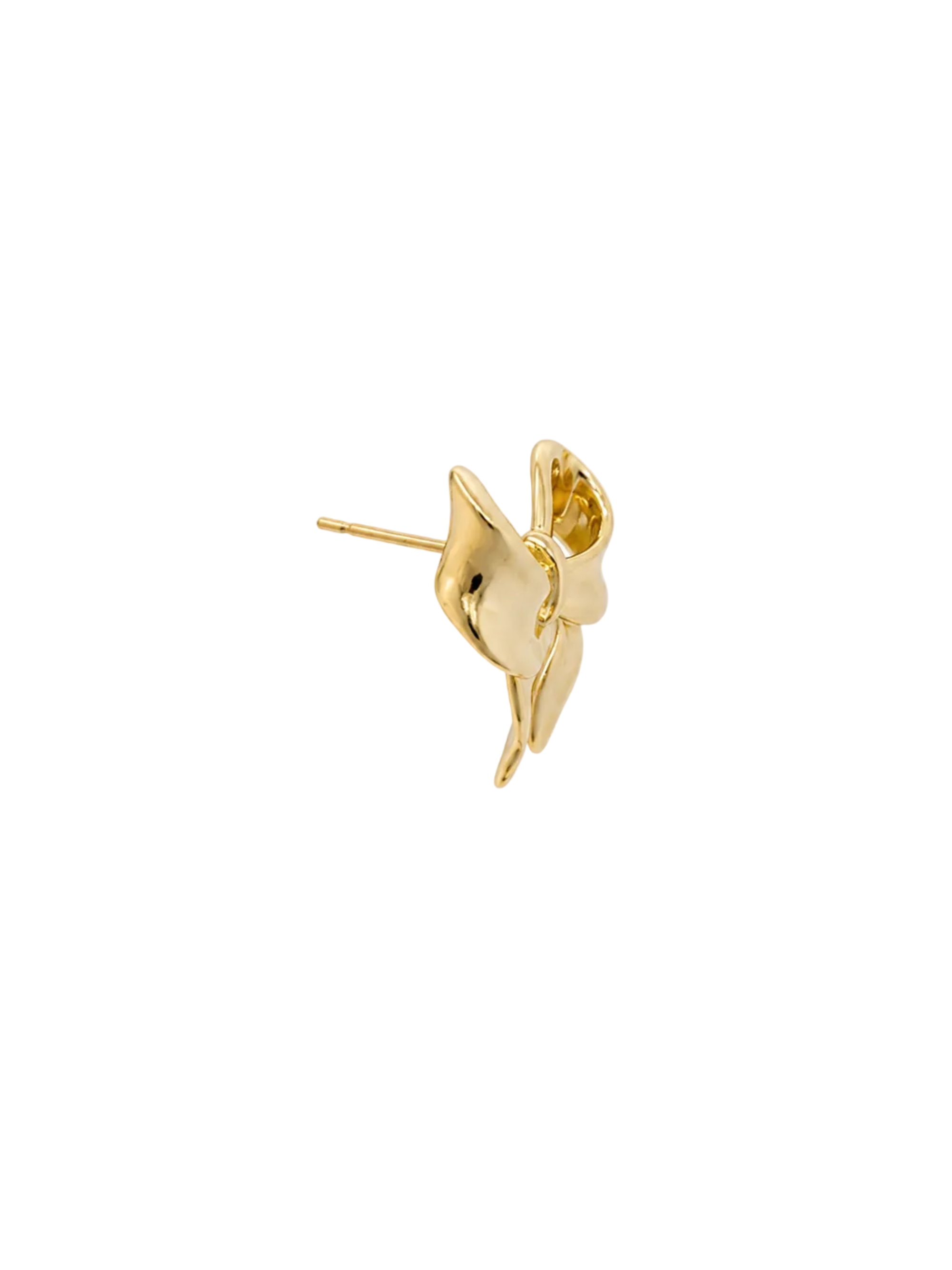 A single gold flower stud earring shown from a side angle on a plain white background.