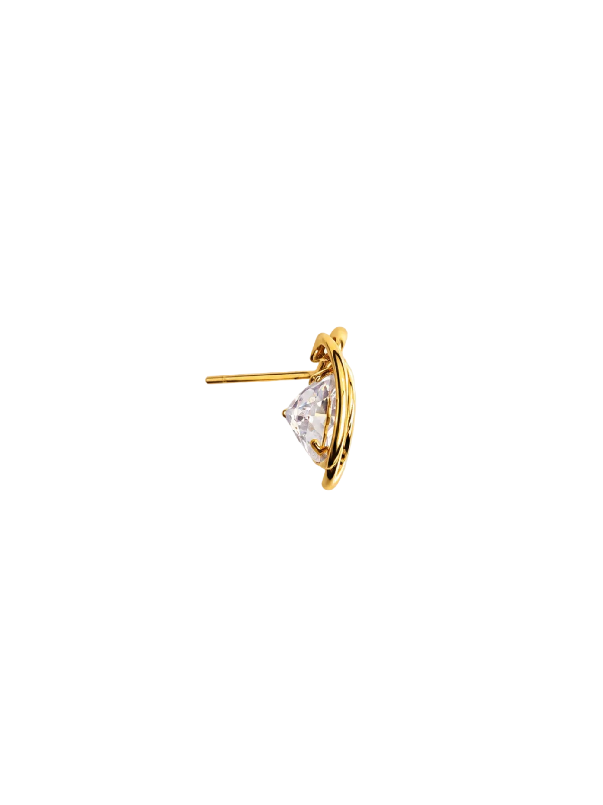 A single gold stud earring featuring a triangular clear gemstone, shown against a textured off-white background.