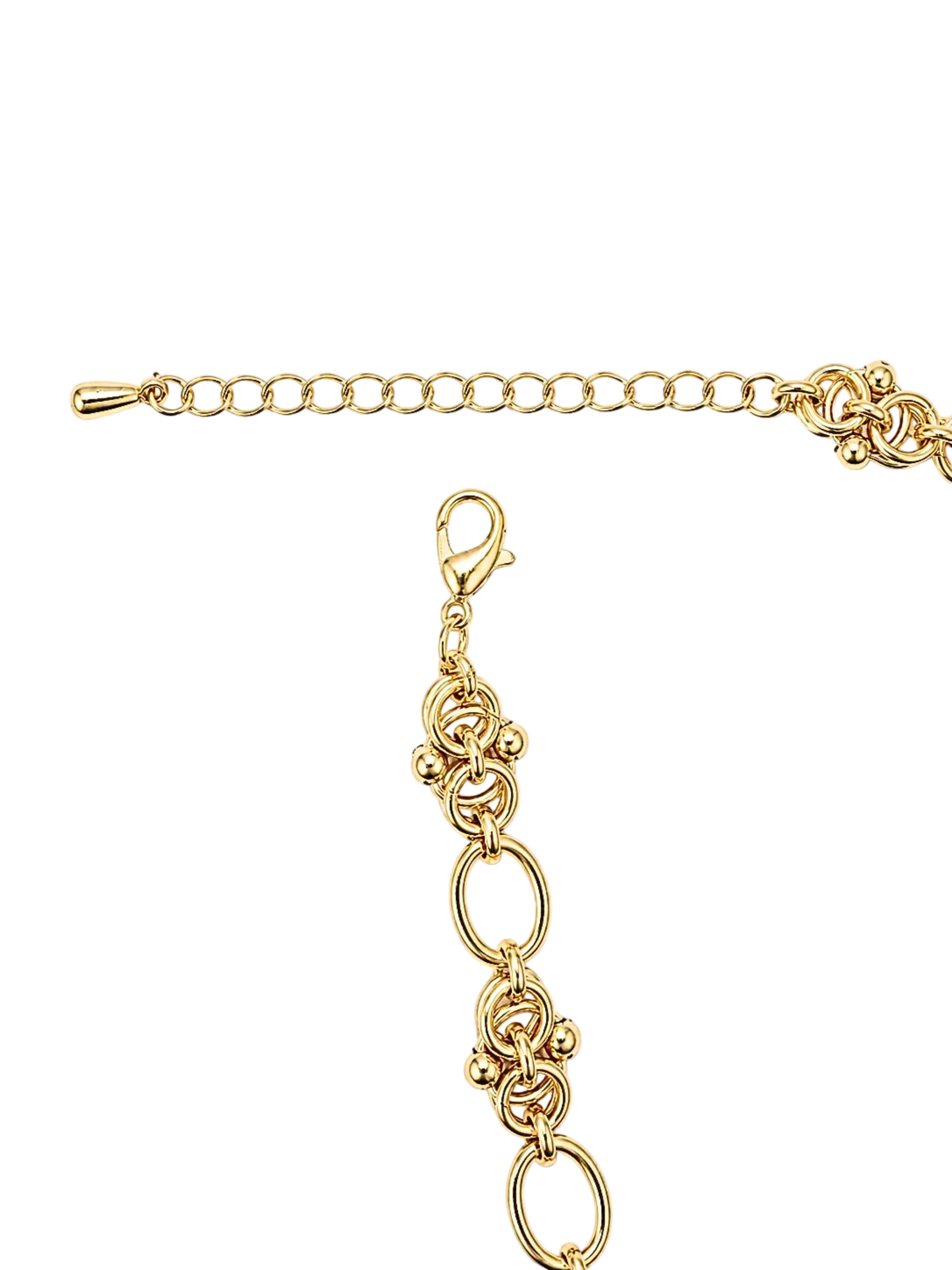 Gold-tone chain extender with lobster clasp and decorative interlocking links, shown on a plain white background.