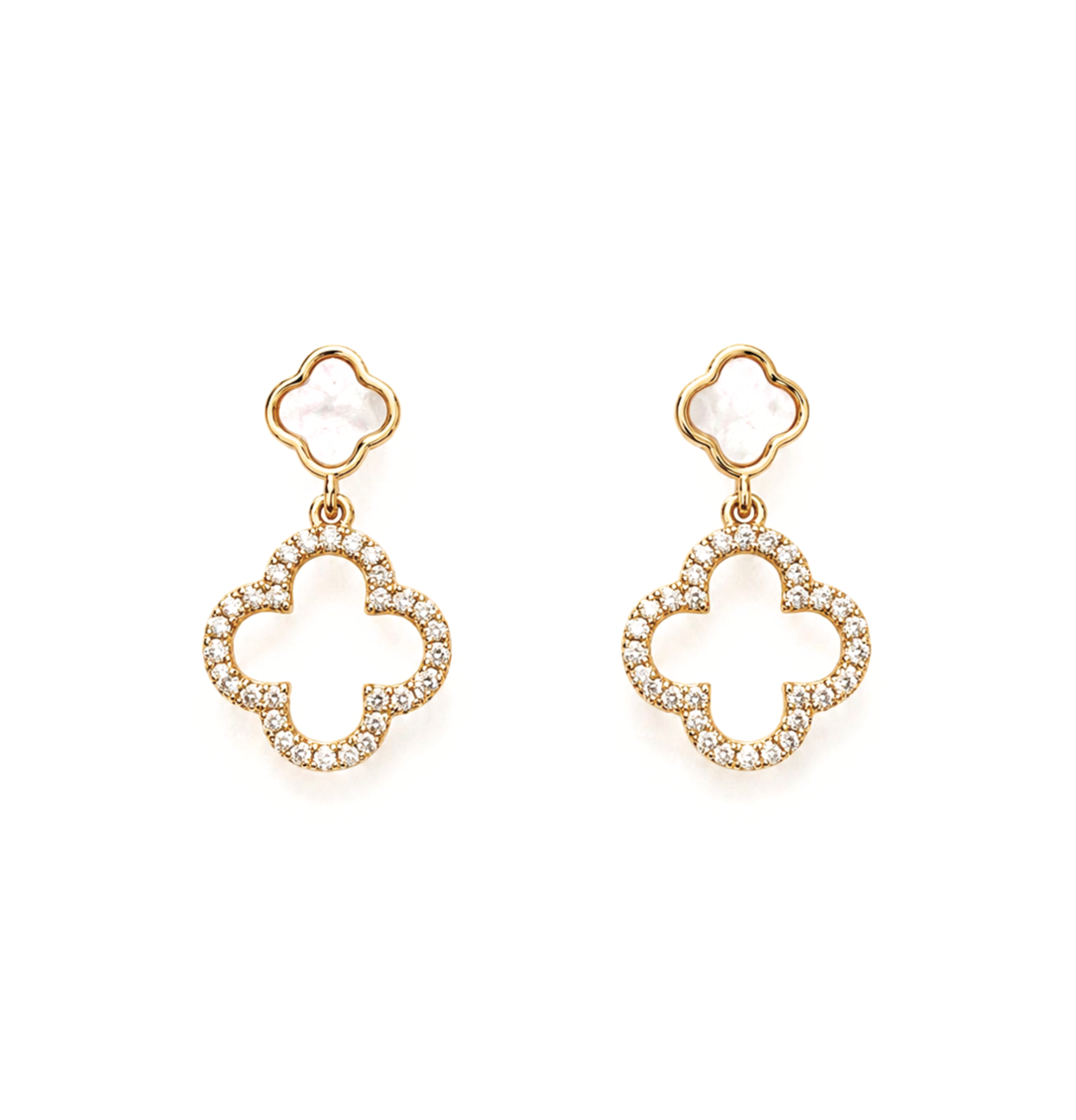 A pair of gold-tone four-leaf clover drop earrings, featuring a bezel-set pavé crystal lower section and a white mother-of-pearl clover top, shown on a plain white background.