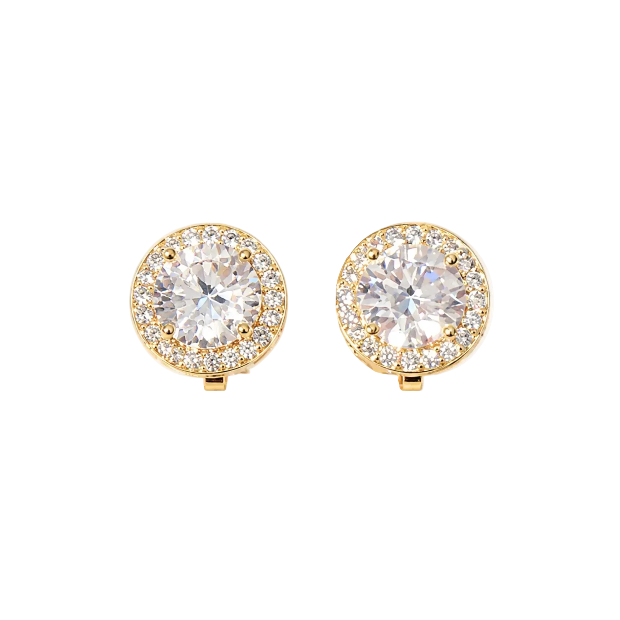 Gold round cubic zirconia halo clip-on earrings with silicone cushions for non-pierced ears