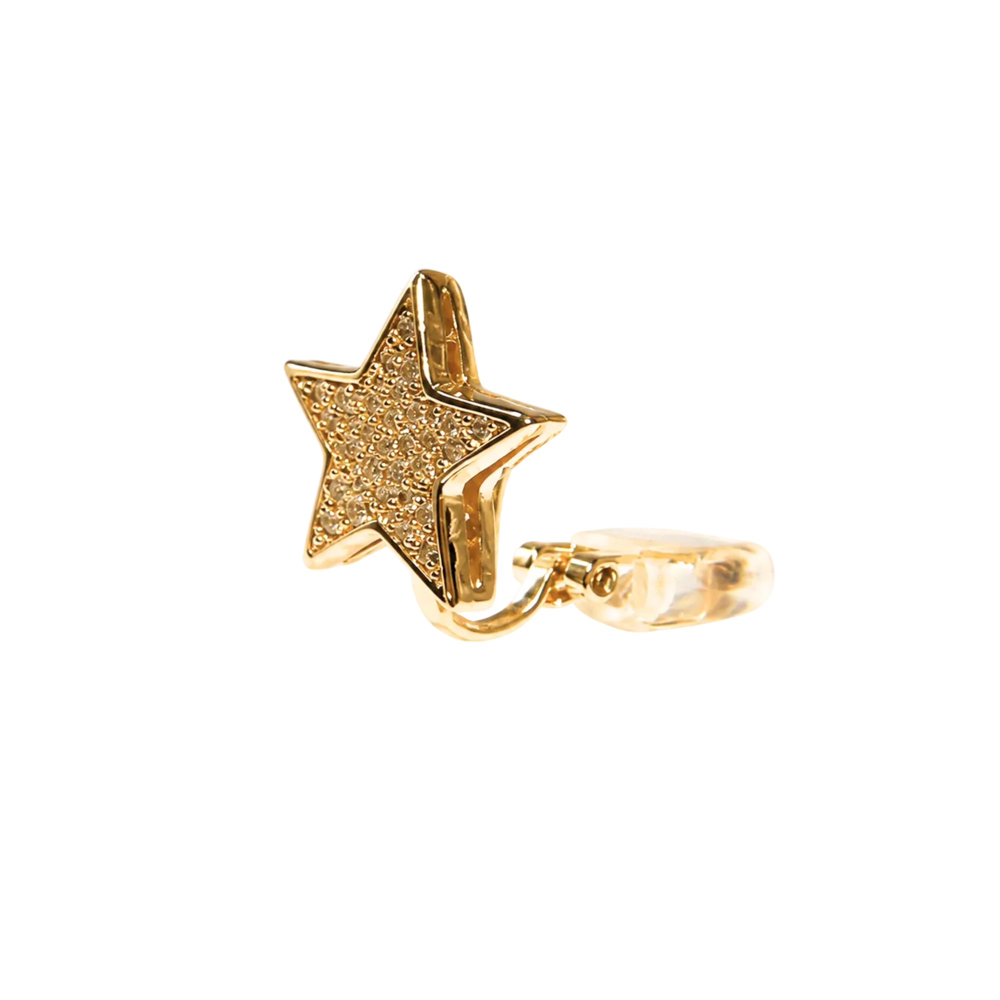 A gold star-shaped earring with a textured glitter center and a clear, transparent fishhook clasp, shown on a plain white background.