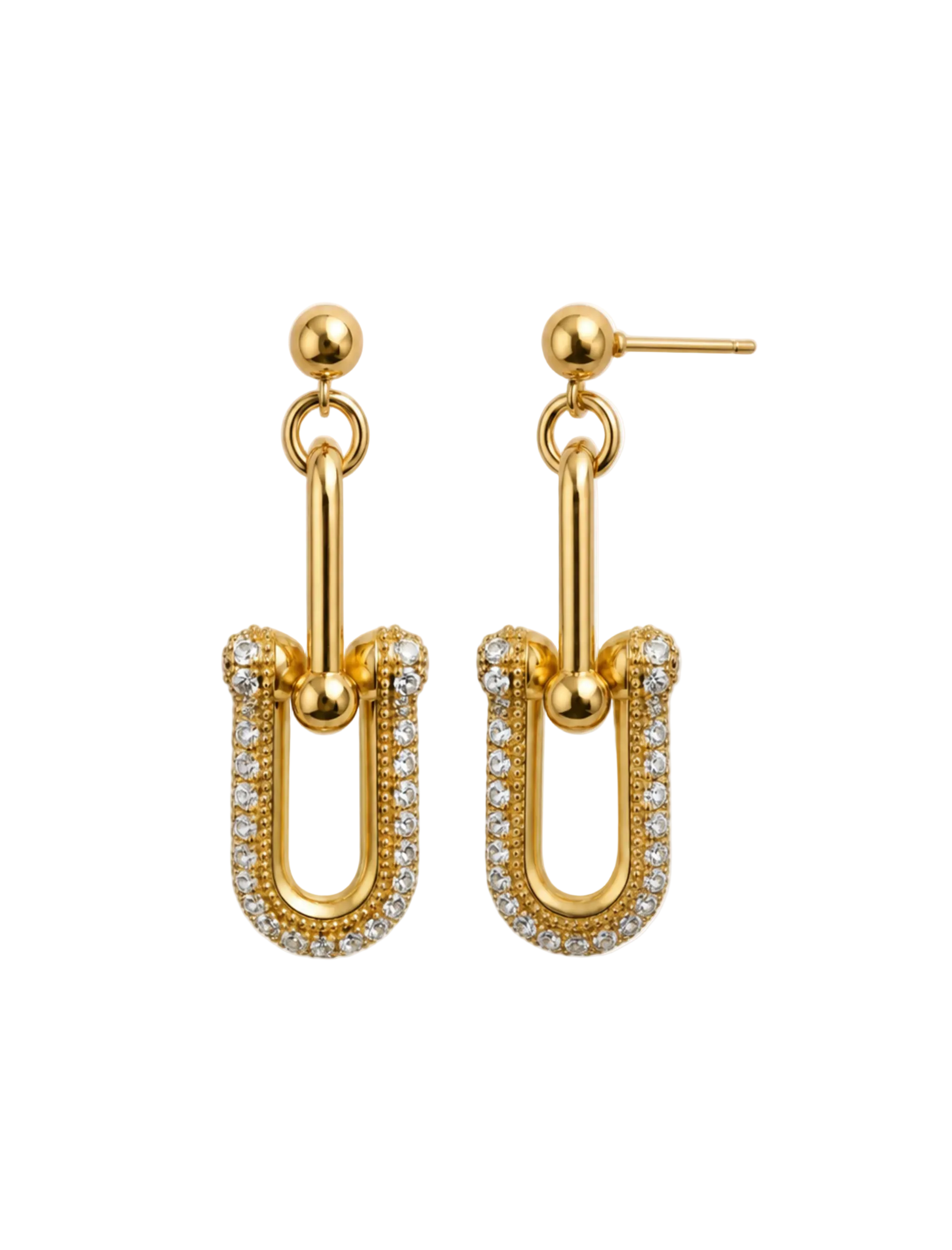 A pair of gold U-shaped drop earrings with pavé-set clear stones and post backings, shown on a clean white background with a soft reflection.
