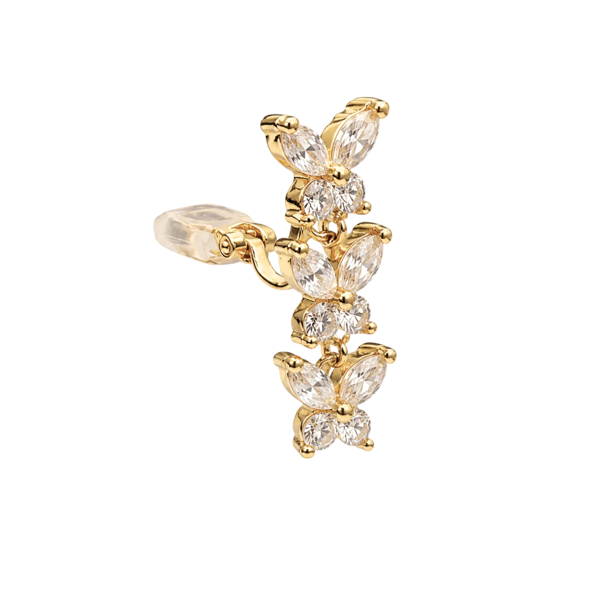 A gold butterfly earring with marquise-cut clear crystals, shown on a clean white background.