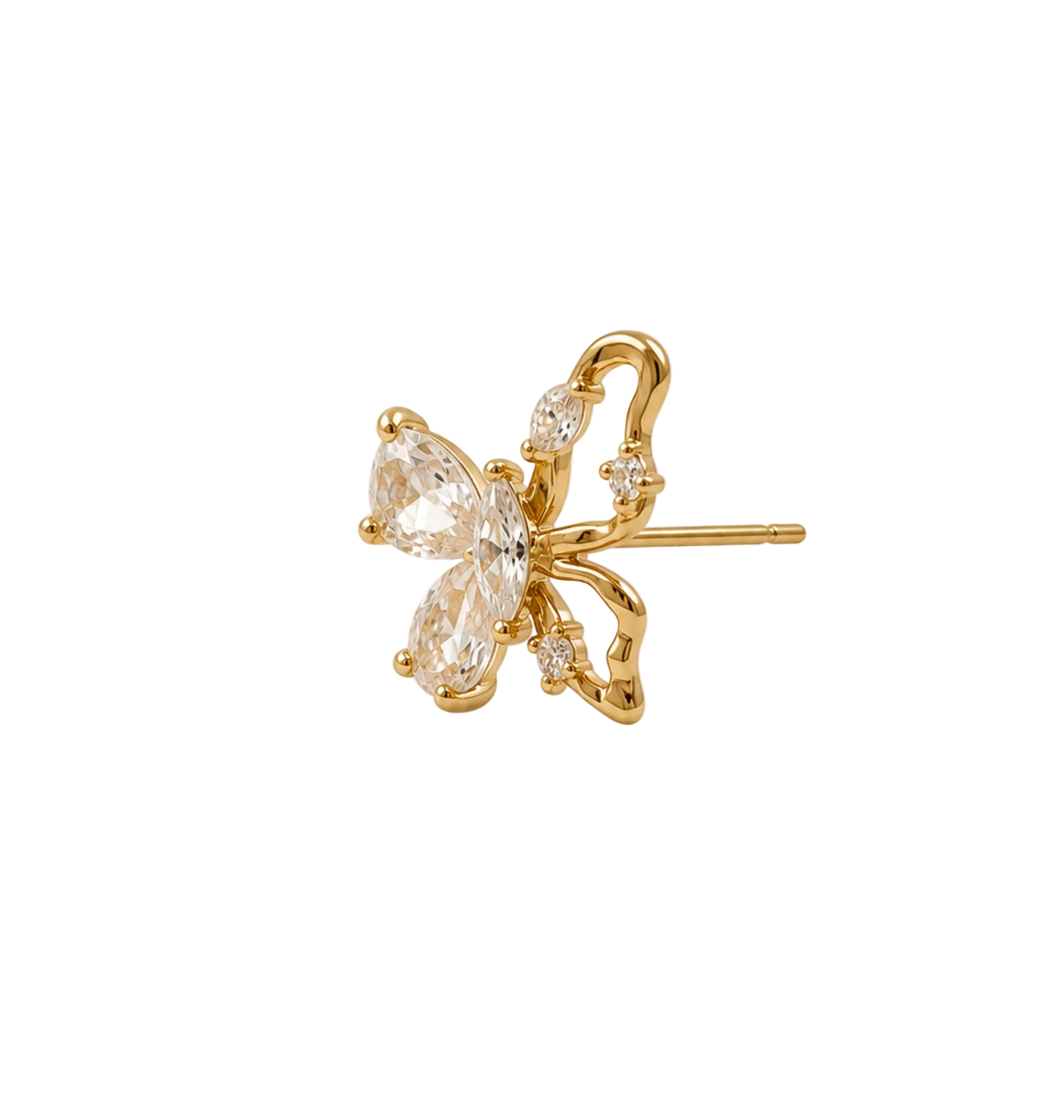 A single gold butterfly stud earring featuring marquise-cut clear crystals and small accent crystals, shown on a clean off-white background.