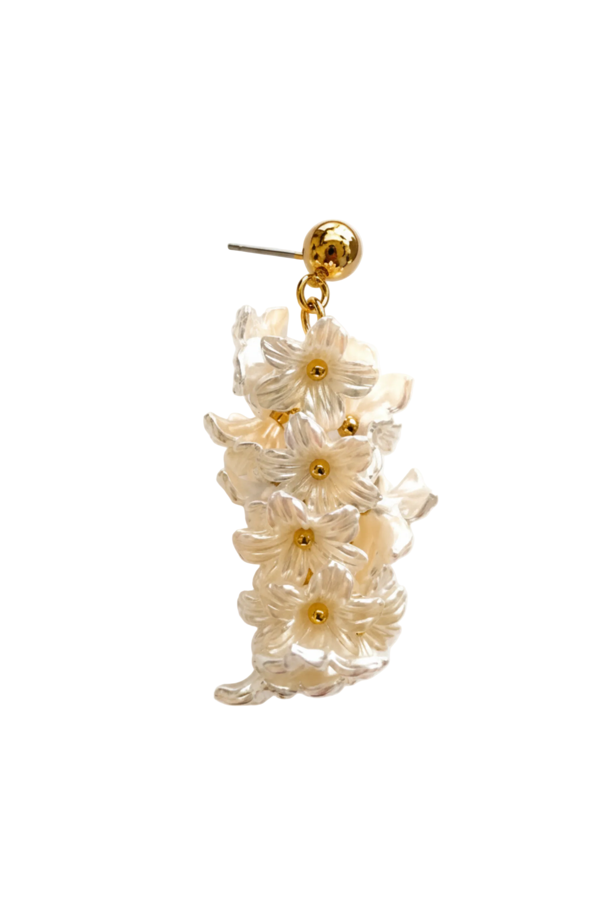 A single dangling earring featuring a cluster of translucent cream-colored daisy-like flowers with gold centers and a gold ball stud at the top, shown against a plain white background.
