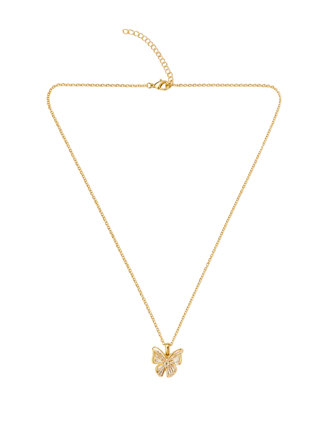A delicate gold chain necklace featuring a small butterfly pendant with pavé-set clear stones, displayed on a clean white background.