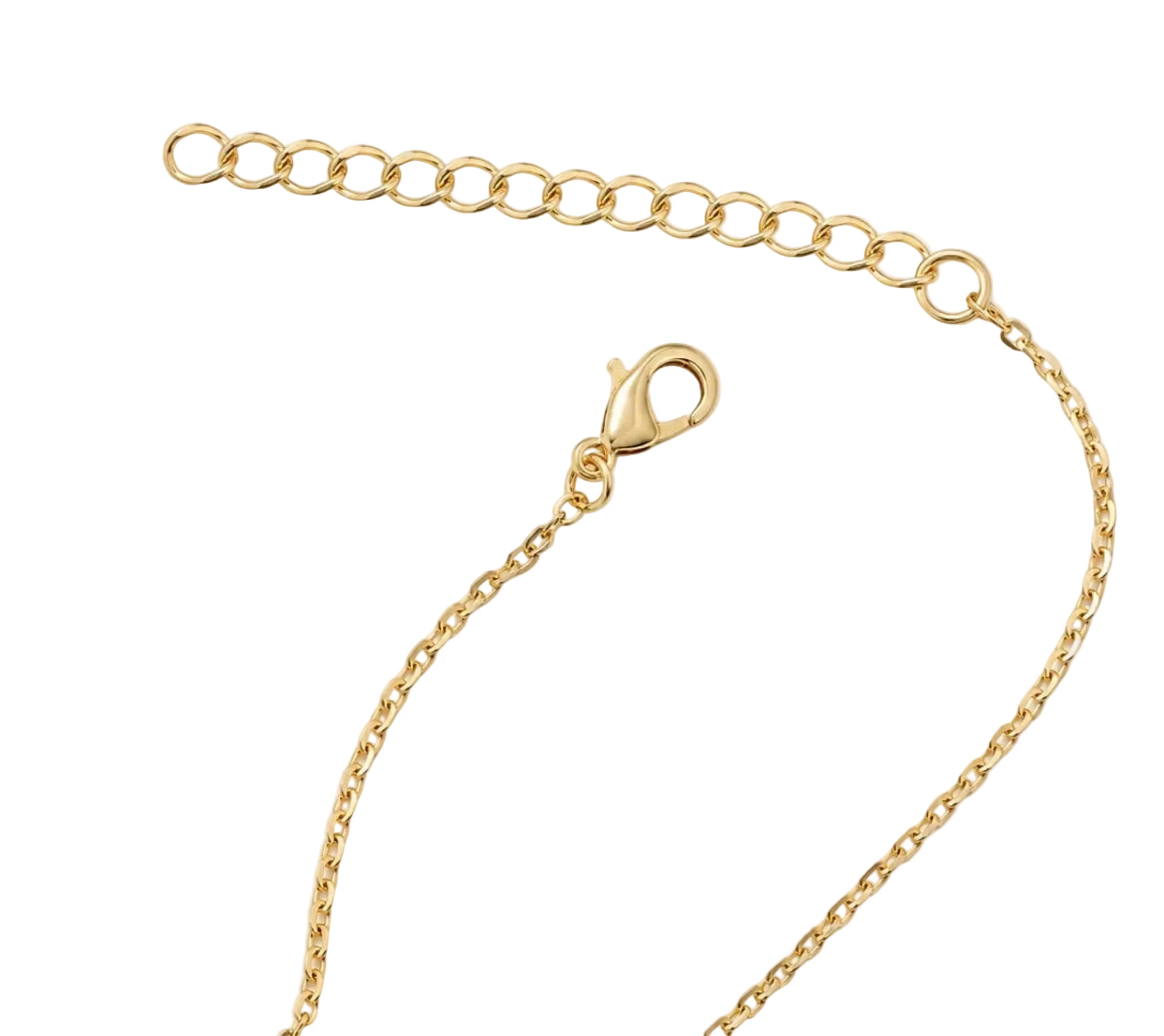 A close-up of a gold chain extender with a lobster clasp on a plain white background.