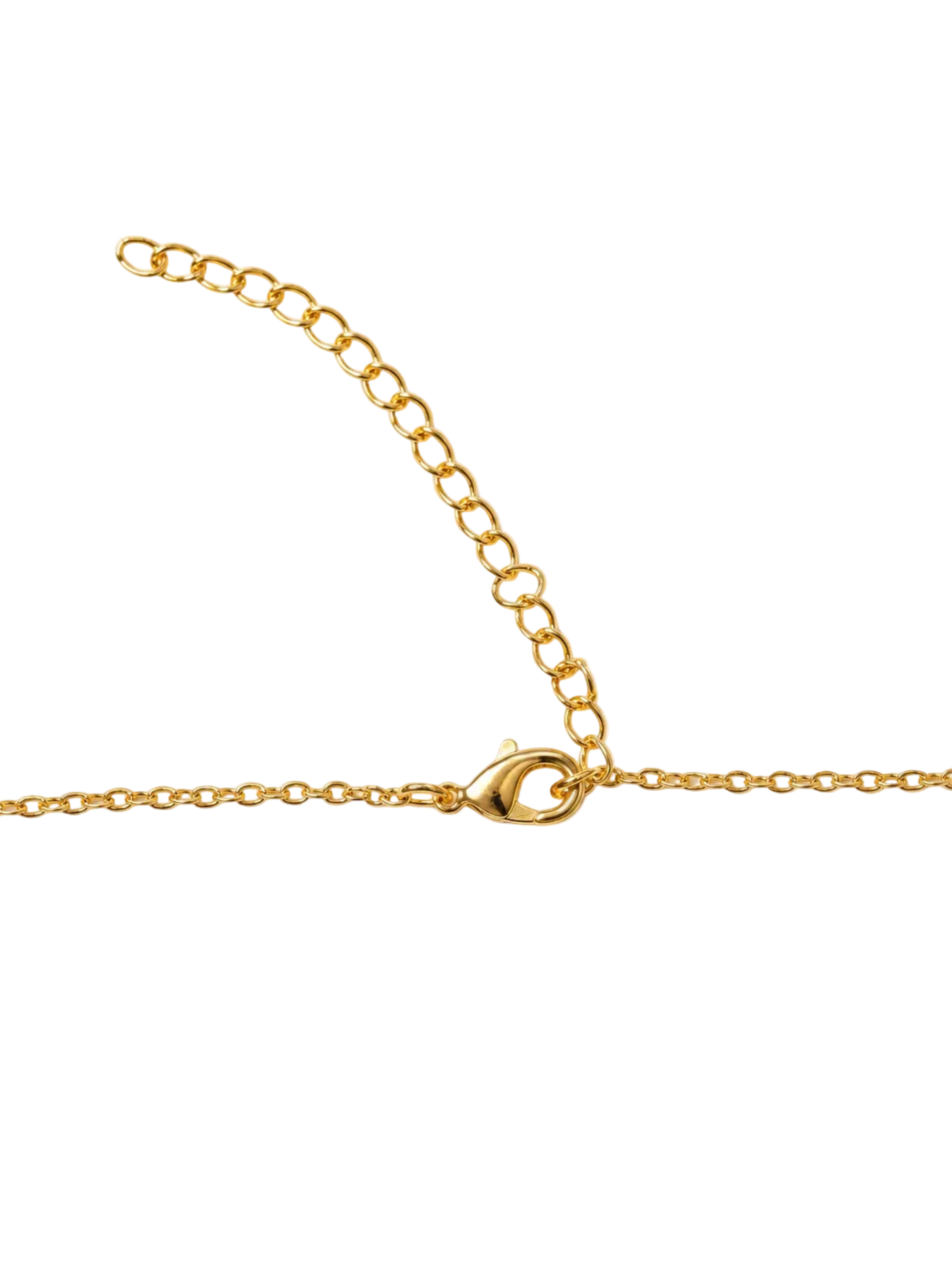 A close-up of a gold chain necklace with an adjustable lobster clasp extension, laid flat on a clean white background.