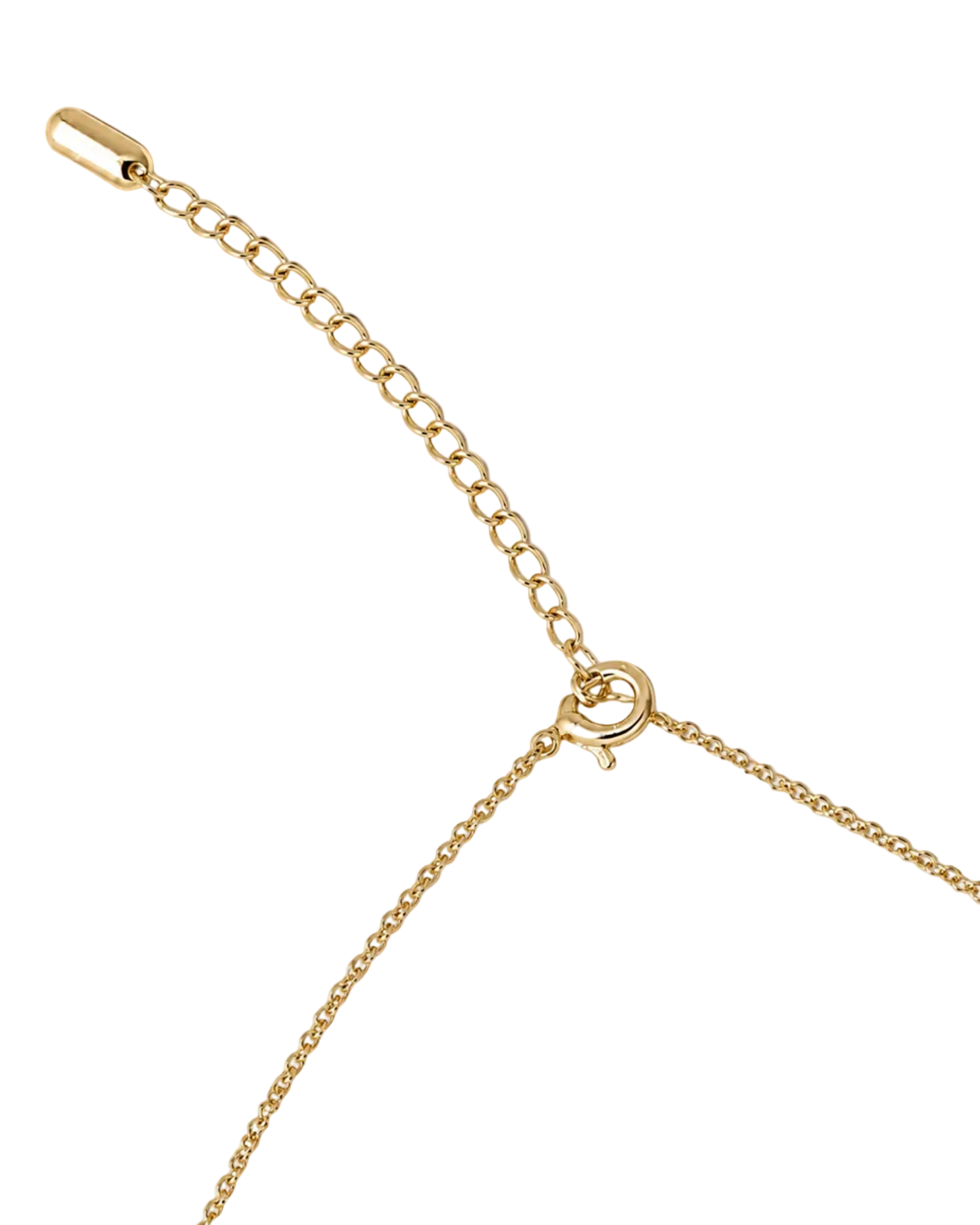 Close-up of a gold chain extender with a capsule-shaped tip and lobster clasp on a plain white background.