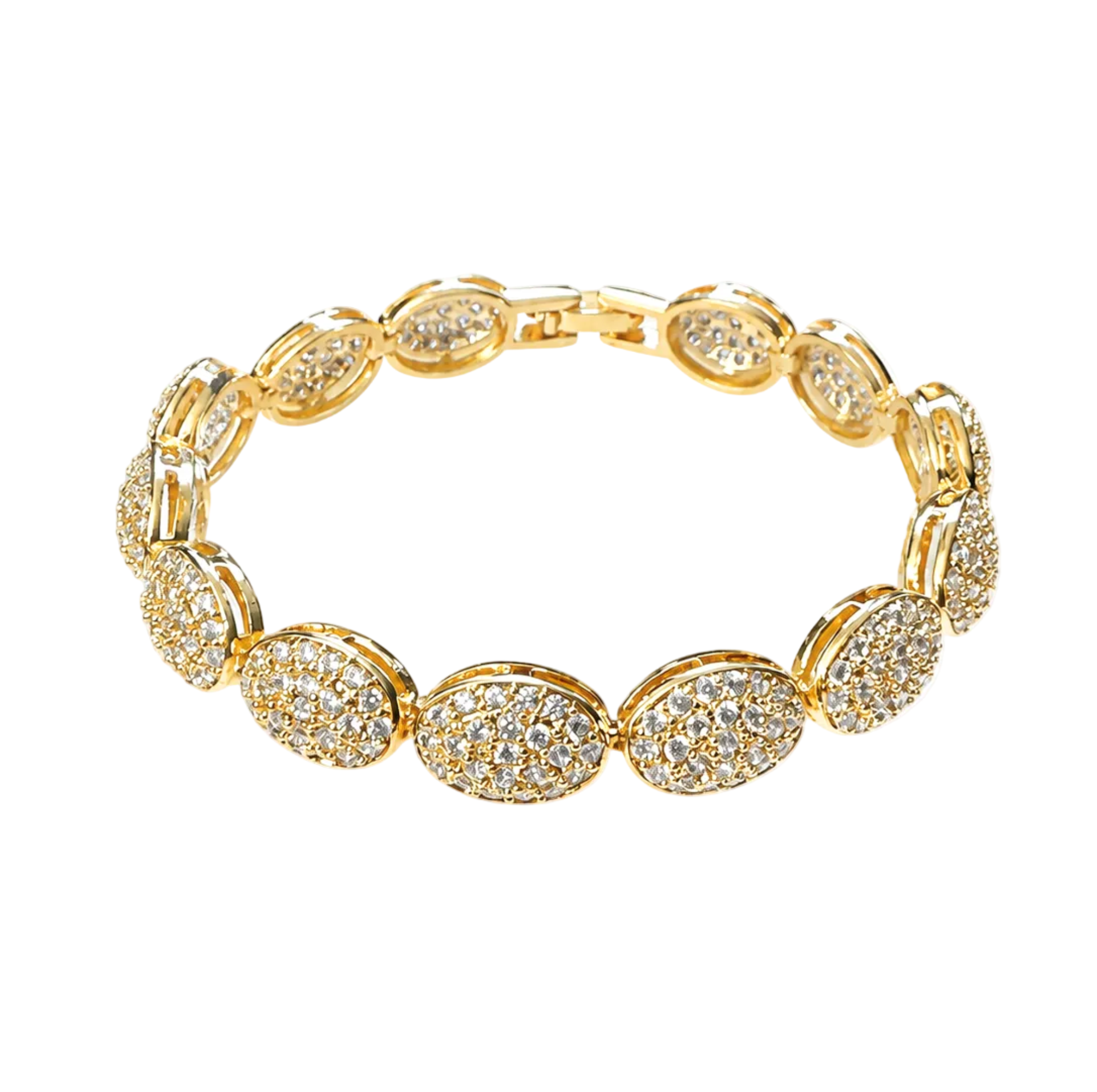 A gold-plated oval-link bracelet encrusted with clear pavé gemstones, displayed on a clean white background with a soft shadow.