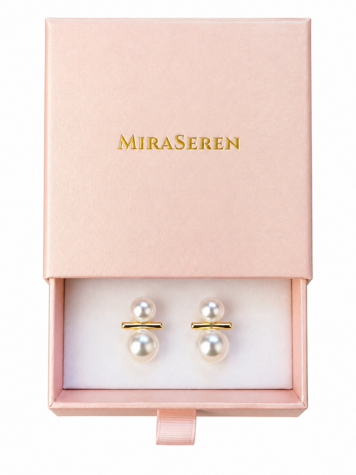 MiraSeren pearl stud earrings in a light pink presentation box with a gold logo, shown against a white background.