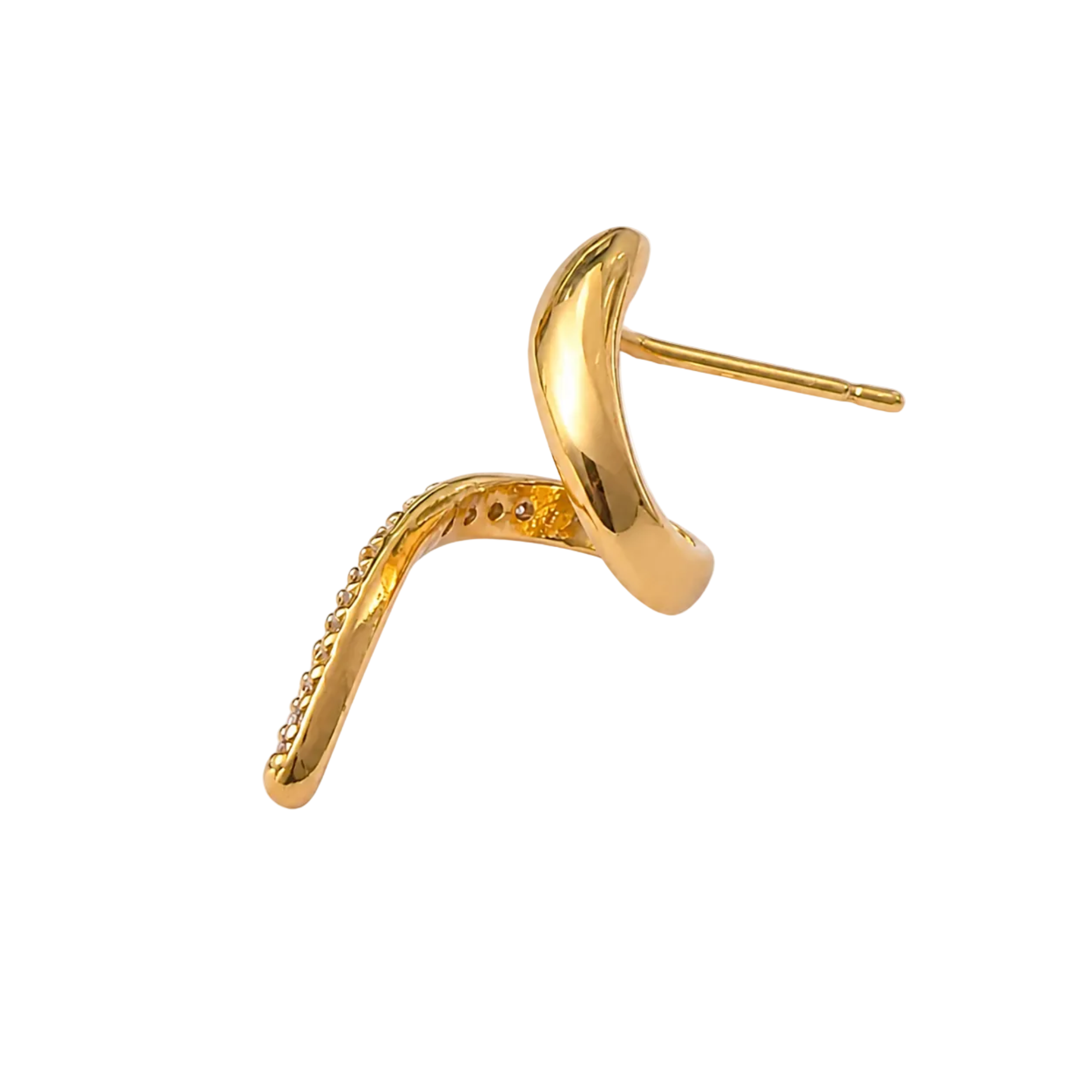 A single gold-colored curved post earring with a textured beaded section on one arm, shown against a plain white background.