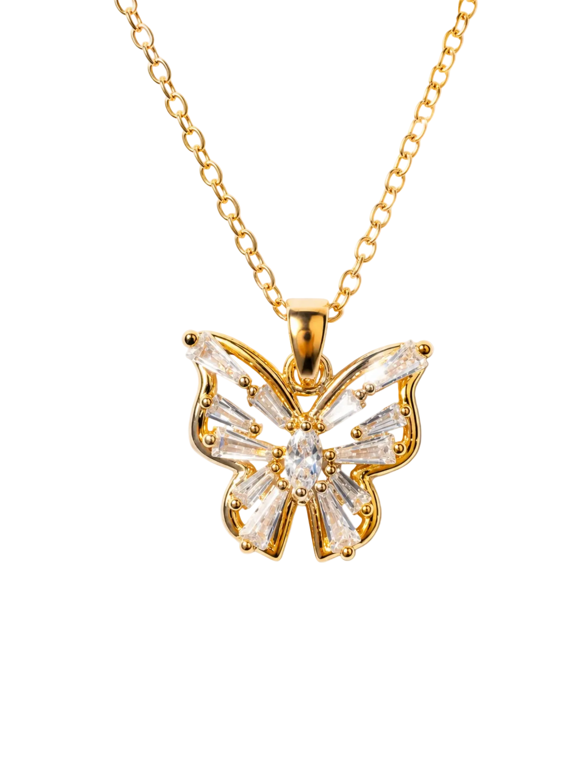 A gold butterfly pendant necklace adorned with clear baguette and round crystals, suspended from a delicate gold chain against a light gray background.