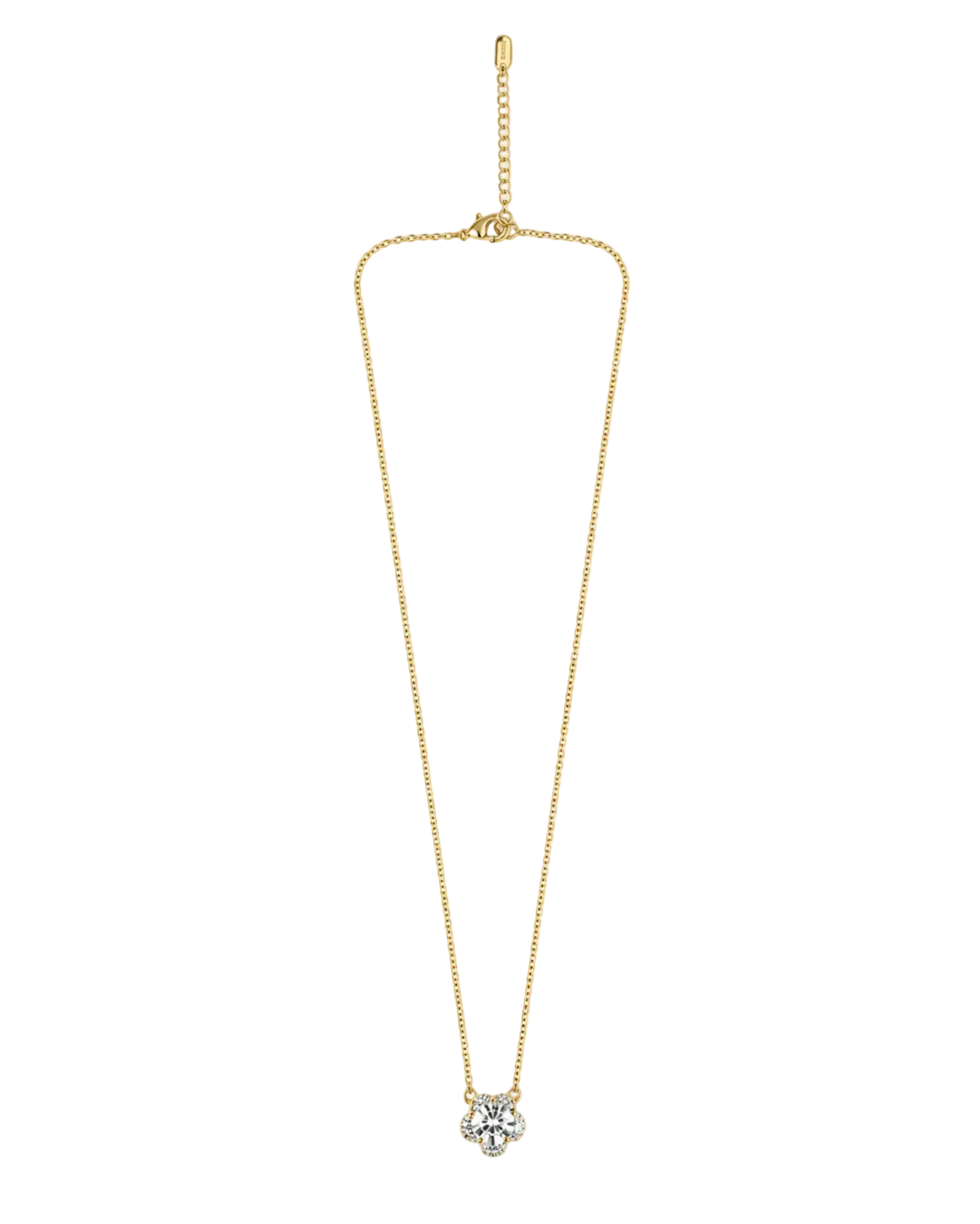 A delicate gold chain necklace with a small flower-shaped clear crystal pendant, displayed against a solid white background.