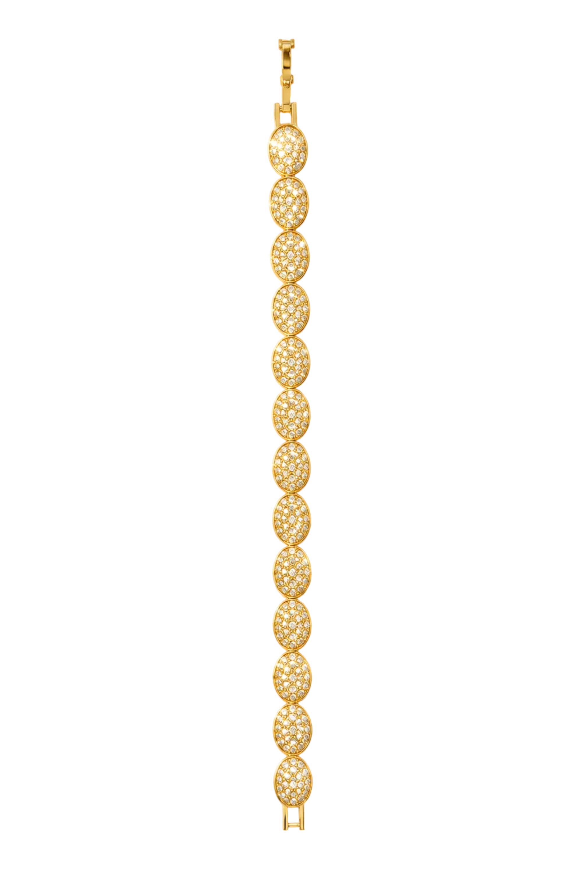 A gold link bracelet featuring nine oval links, each paved with small clear stones, set against a bright white background with soft light flares.