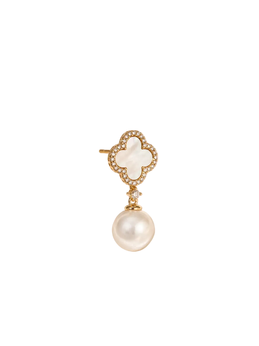 A single gold-toned drop earring featuring a clover-shaped top with a white mother-of-pearl inlay and a dangling round pearl, photographed on a softly lit cream satin background.