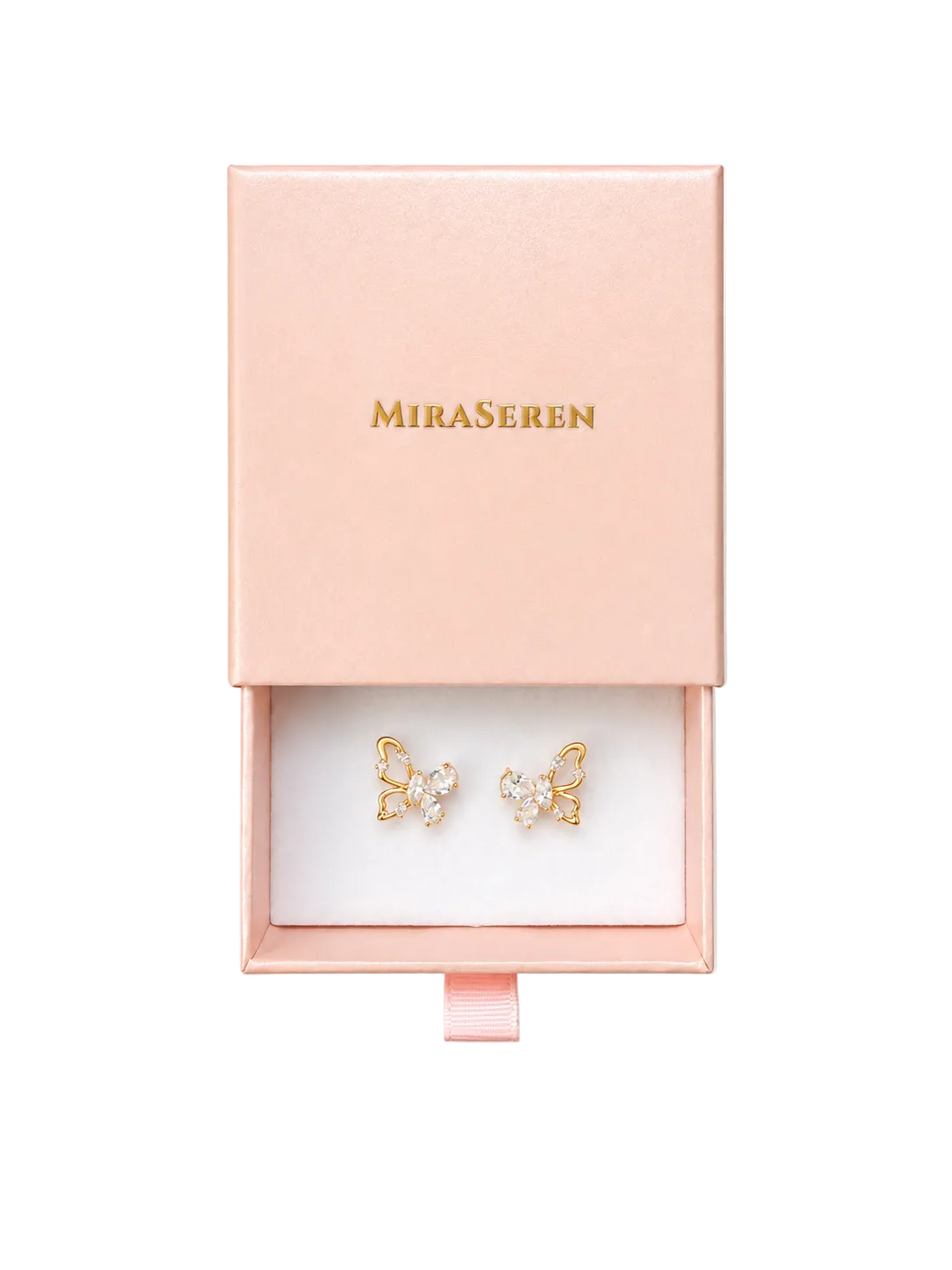 A pair of gold butterfly stud earrings displayed in an open pink Miraseren jewelry box on a white background.