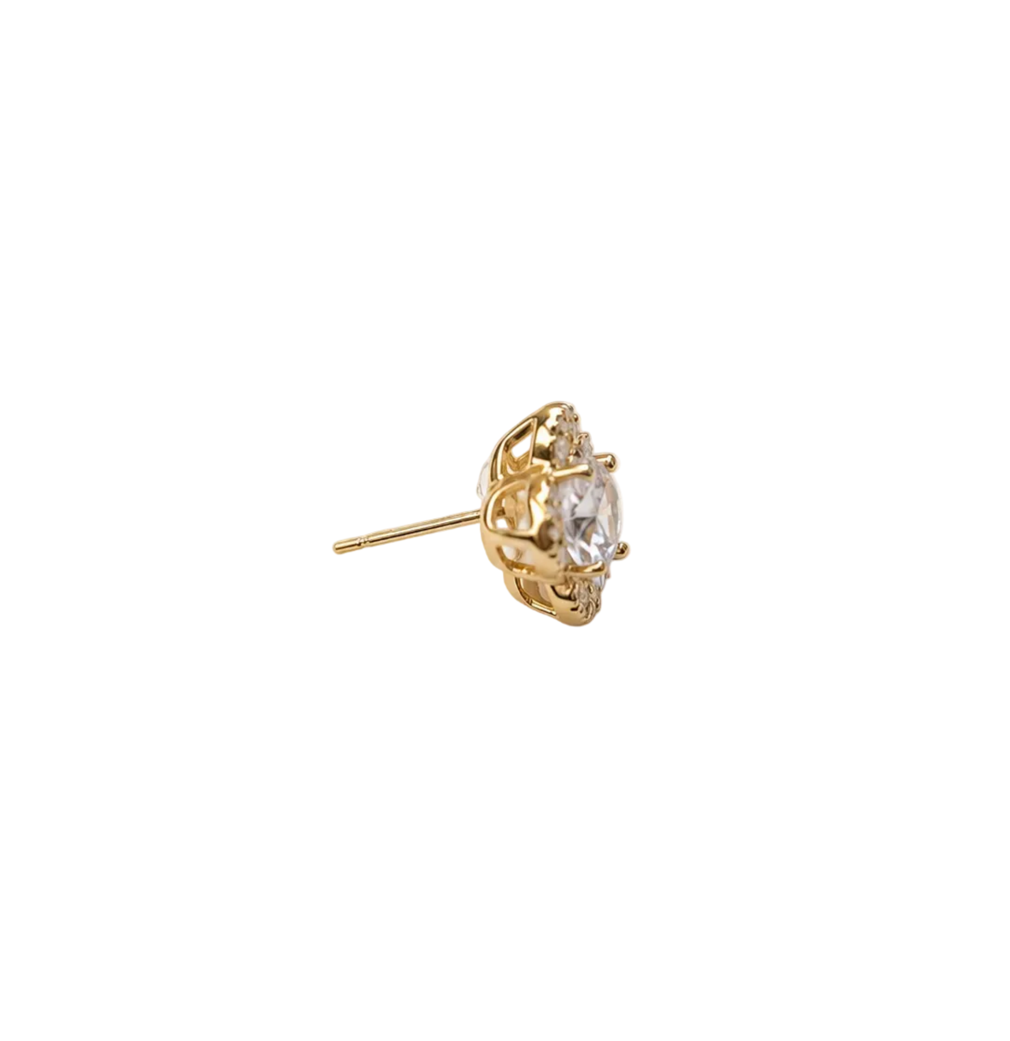 A single gold stud earring with a clear round-cut gemstone, displayed on a white jewelry box cushion.