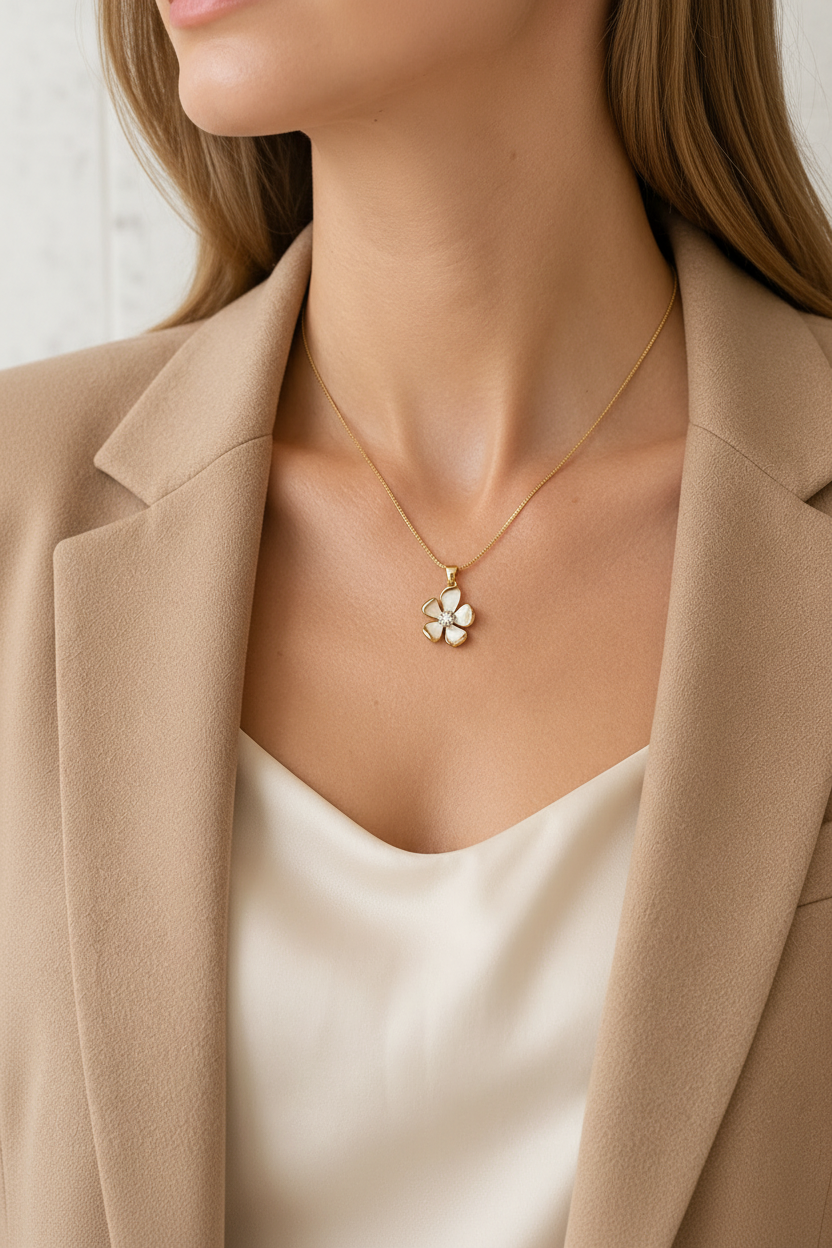 White Bloom Crystal Flower Necklace | 18K Gold Filled