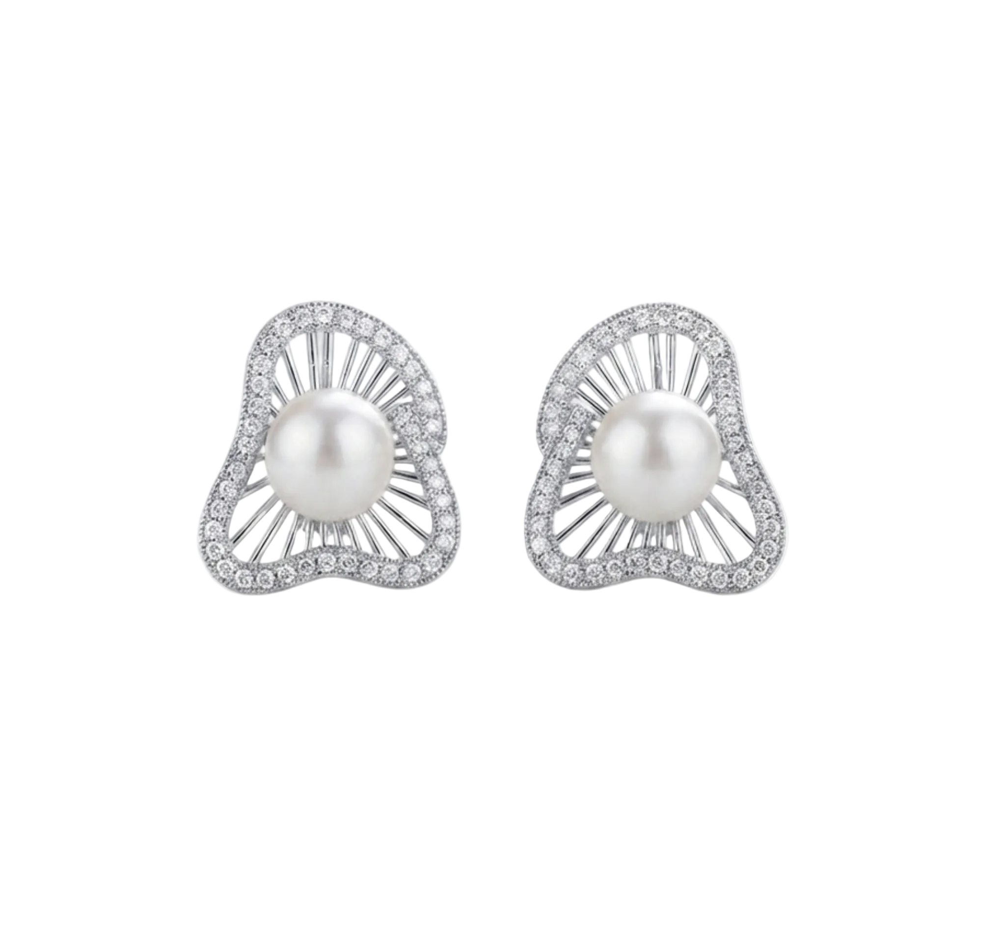 A pair of silver-toned stud earrings featuring a central white pearl surrounded by a halo of small clear stones, set against a plain white background.