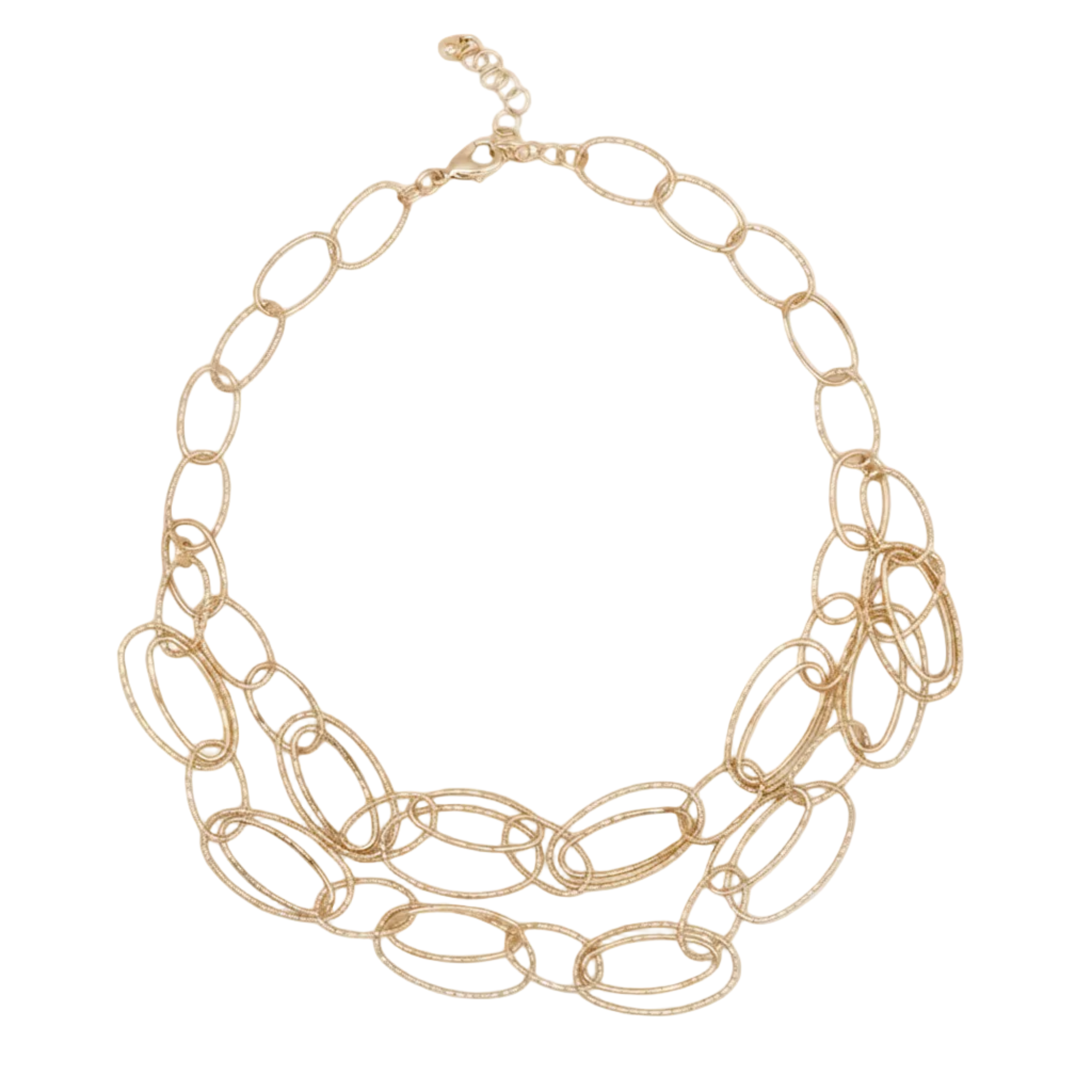 A gold-toned statement necklace featuring layered, textured oval links, displayed on a clean white background with a soft shadow underneath.