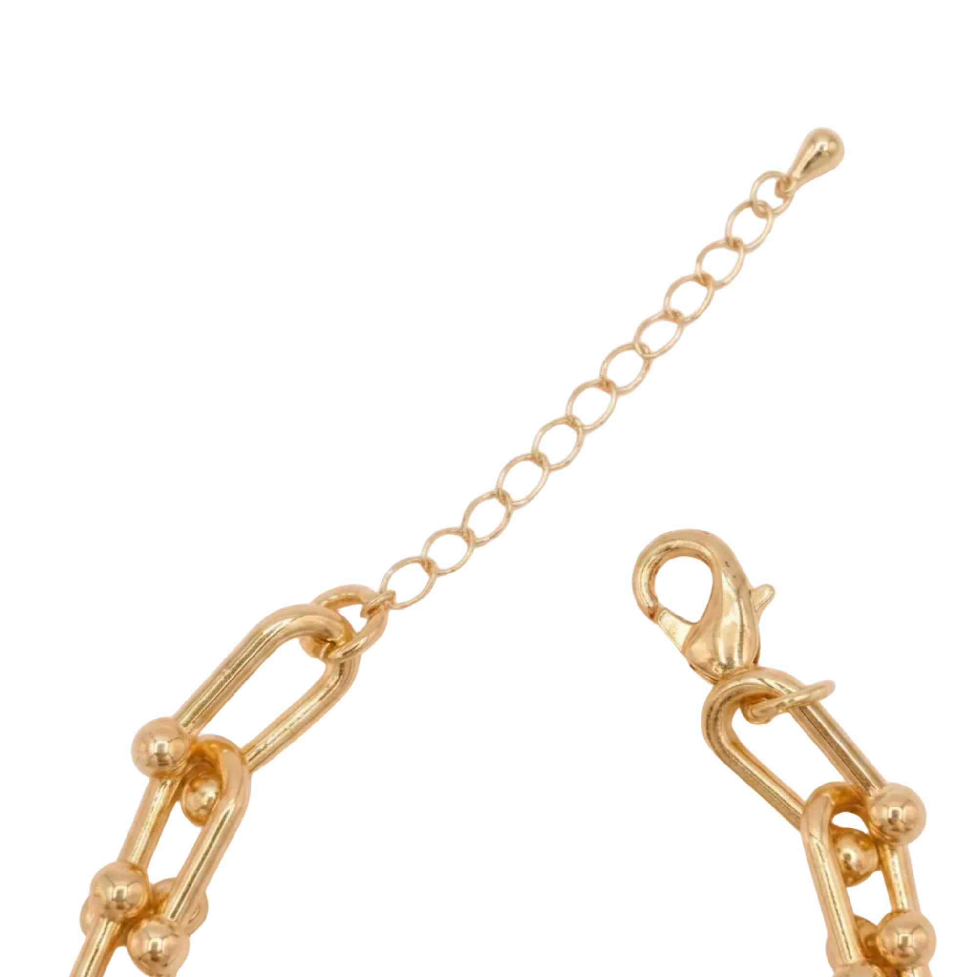 Gold-tone chain necklace with a lobster clasp and extender chain, shown in a close-up studio shot against a white background.