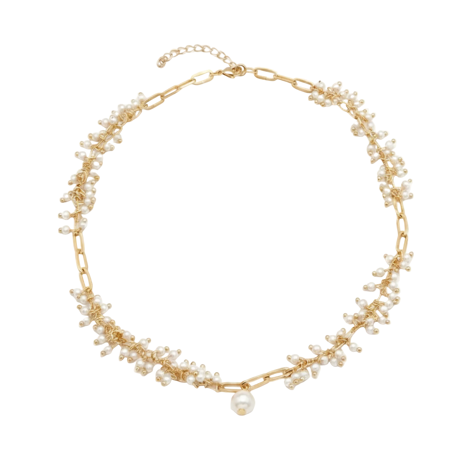 A gold-tone chain necklace adorned with delicate clusters of small white faux pearls and a single larger pearl pendant at the center, displayed on a clean white background.