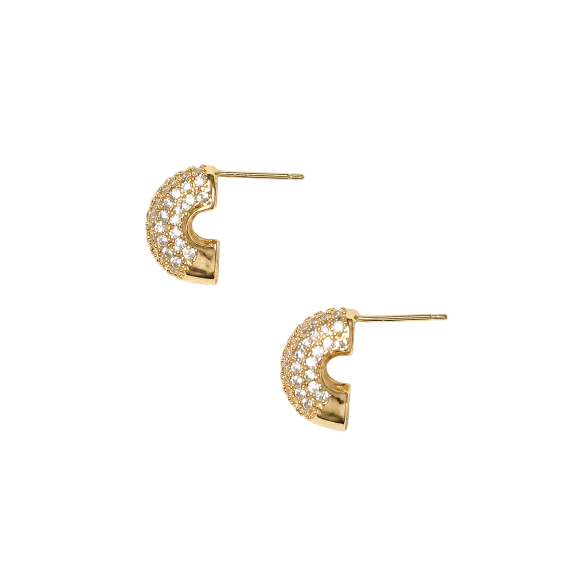 A pair of gold crescent-shaped stud earrings with pavé-set clear stones, shown on a clean white background.